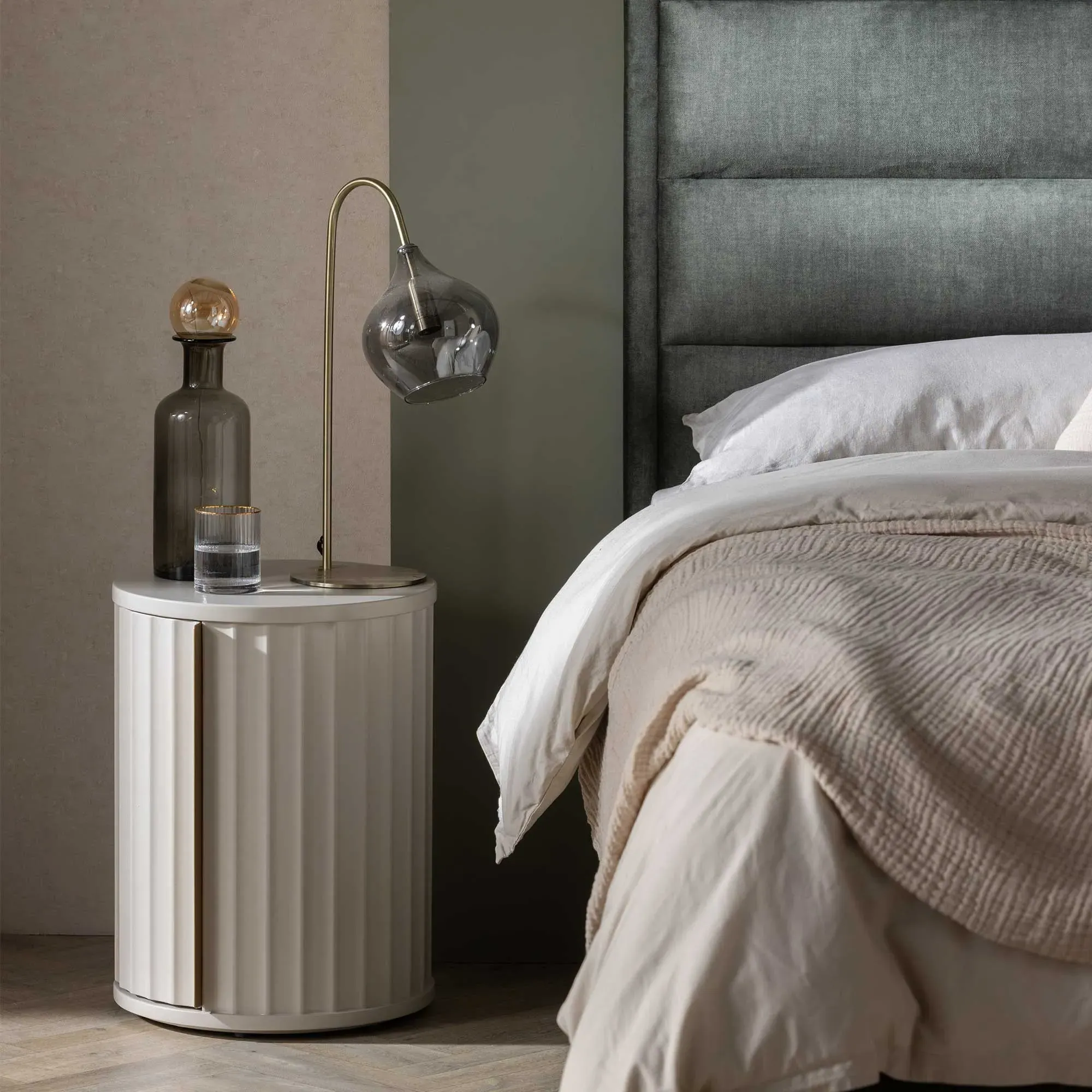 Lucia Round Bedside Table Right - Neutral, Mahogany