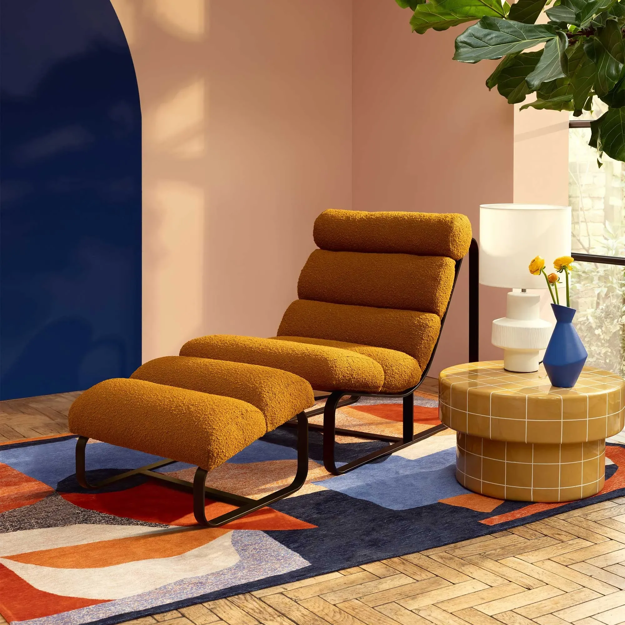 Lucien Accent Chair with Footstool - Yellow, Boucle