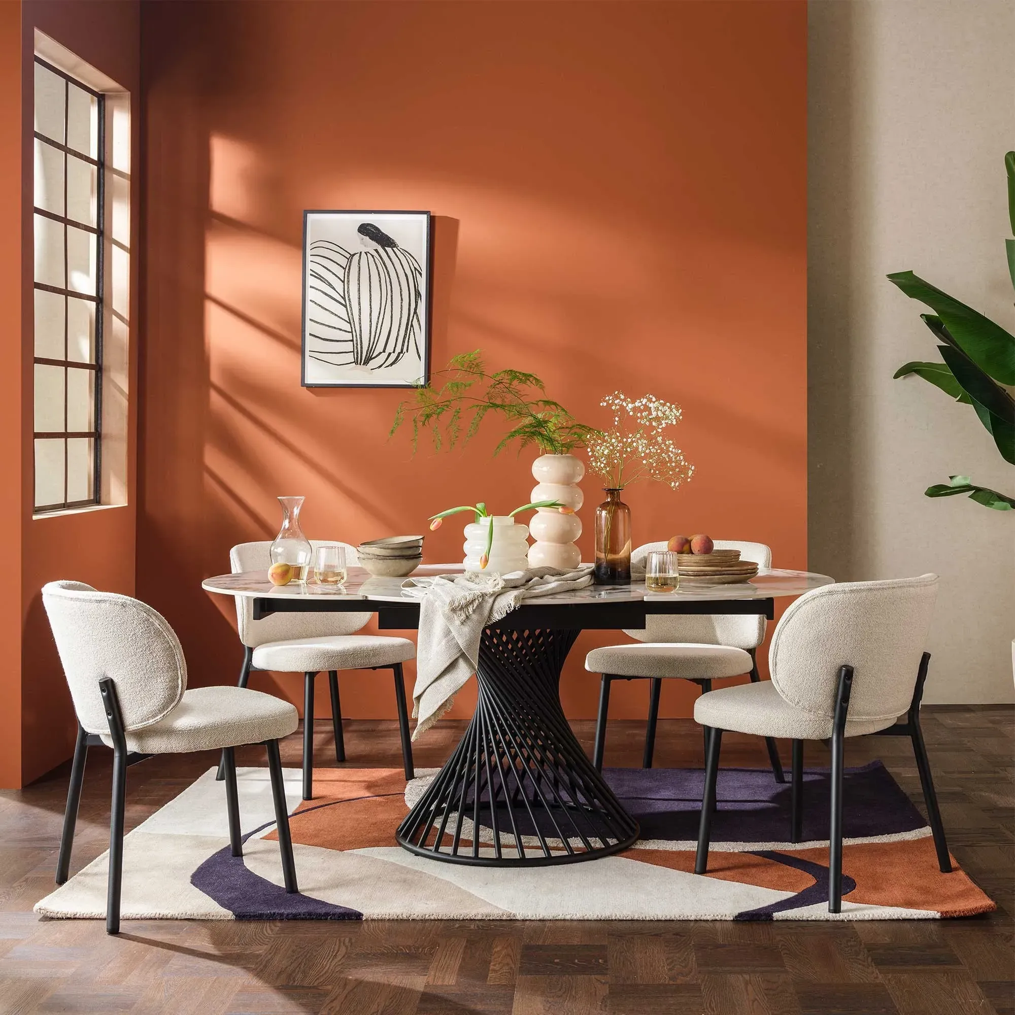 Mendal Round Extending Dining Set with 4 Chairs - White, Ceramic