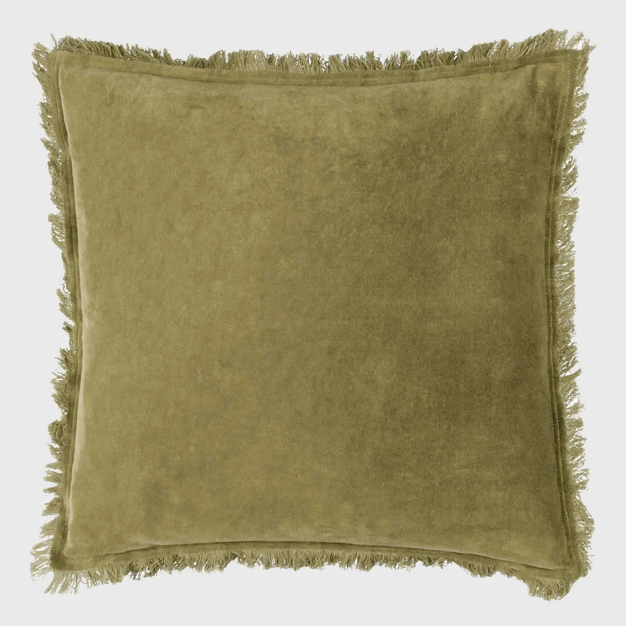 Moss Square Fringed Velvet Cushion - Green, Cotton