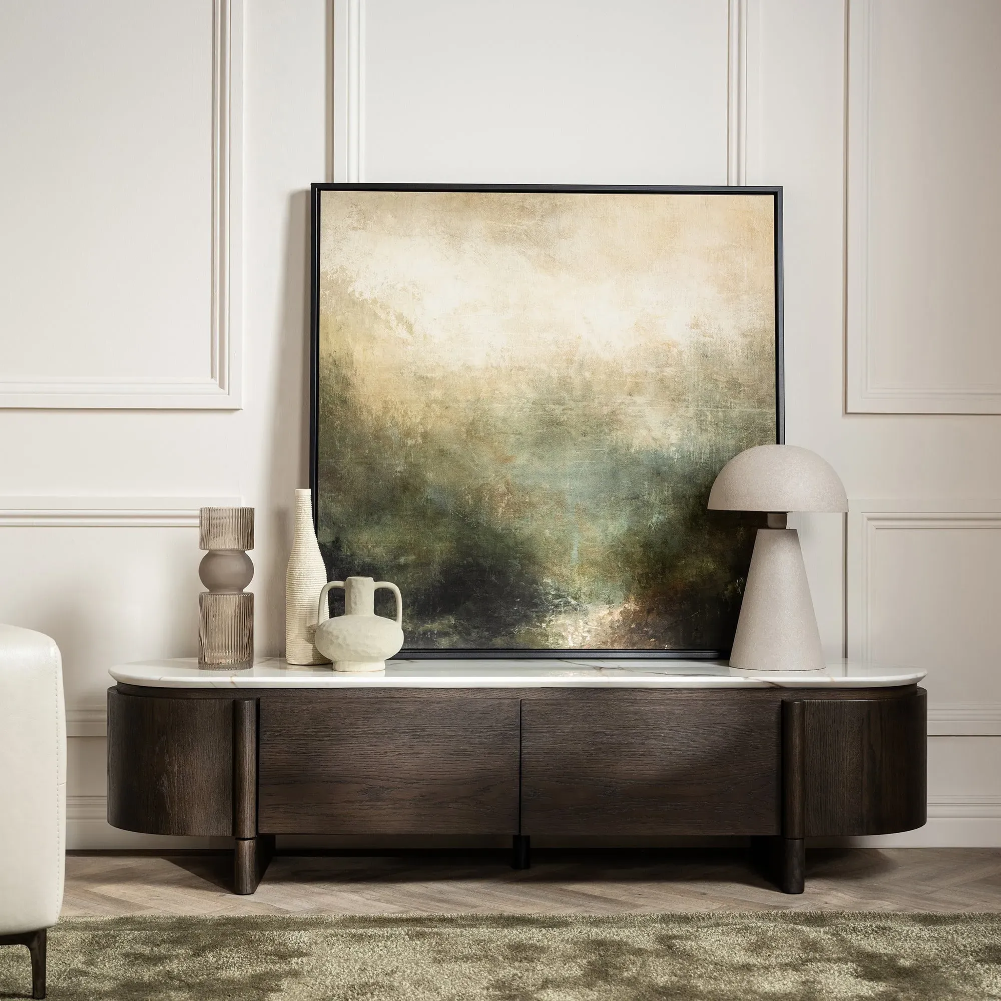 Nord TV Unit with Ceramic Marble Effect Top - White, Oak Veneer alternate view