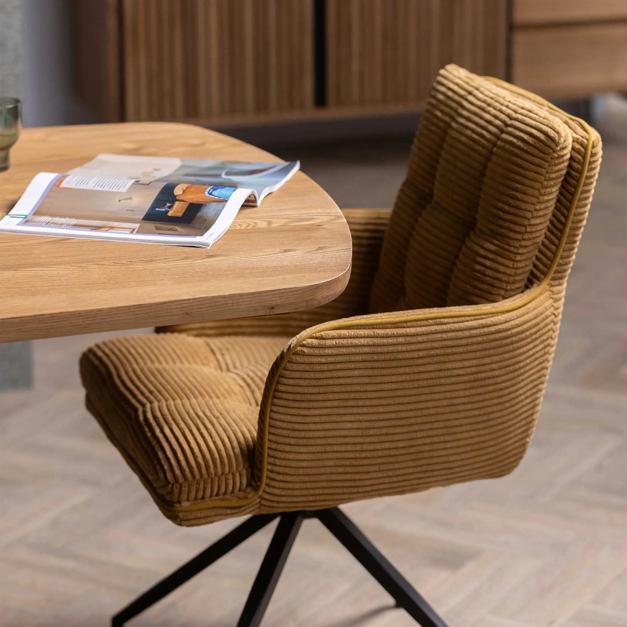 Odine Swivel Dining Chair with Arms - Yellow, Velvet