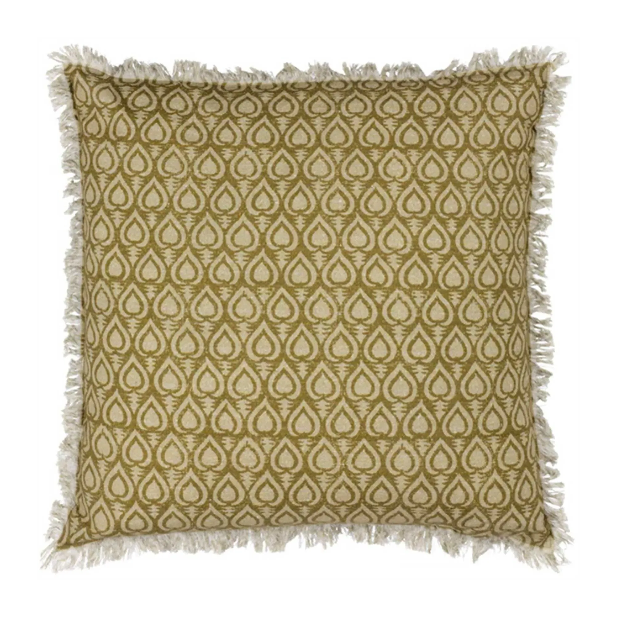 Olive Deco Square Fringed Cushion - Green, Cotton
