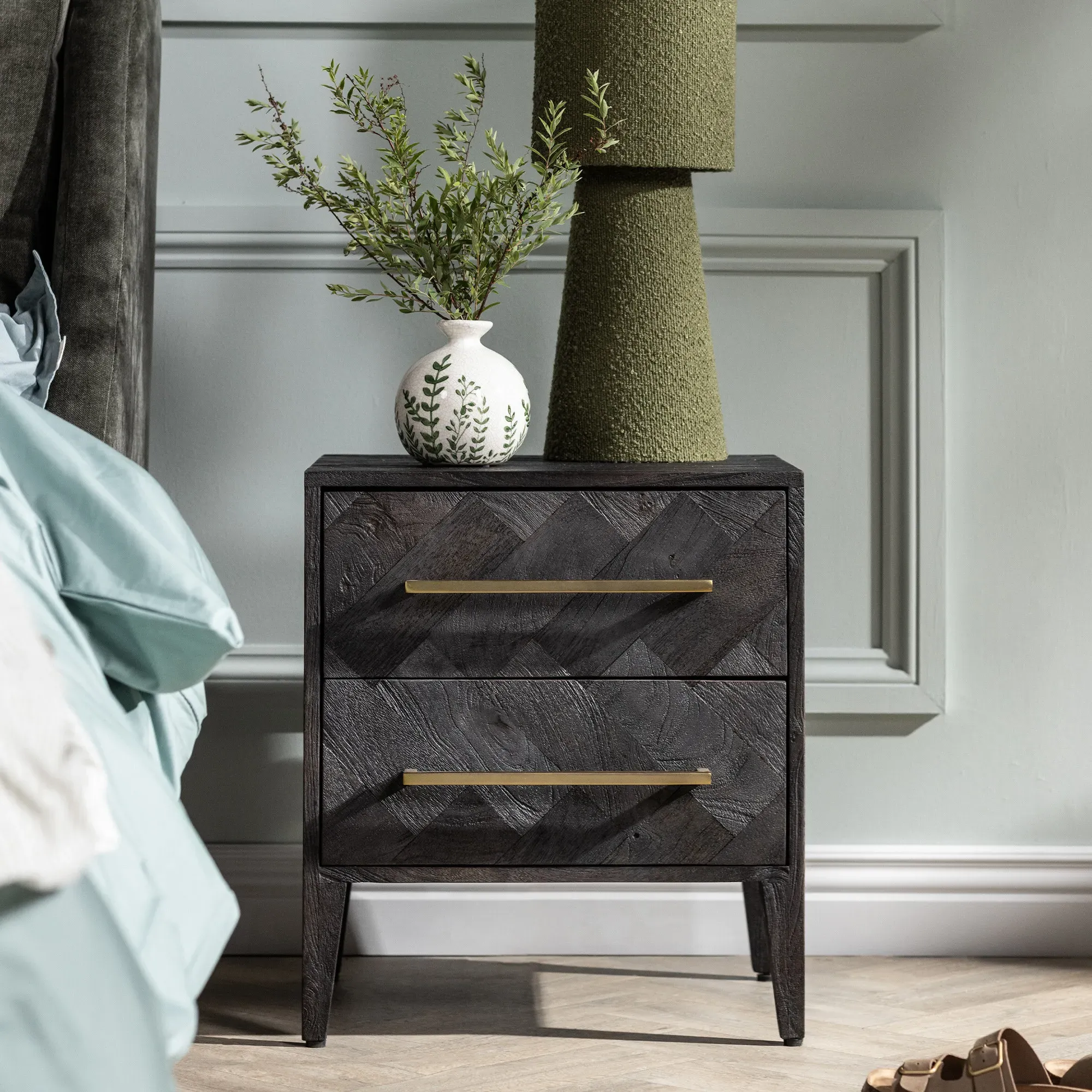 Onyx 2 Drawer Bedside Table - Black, Mango Wood