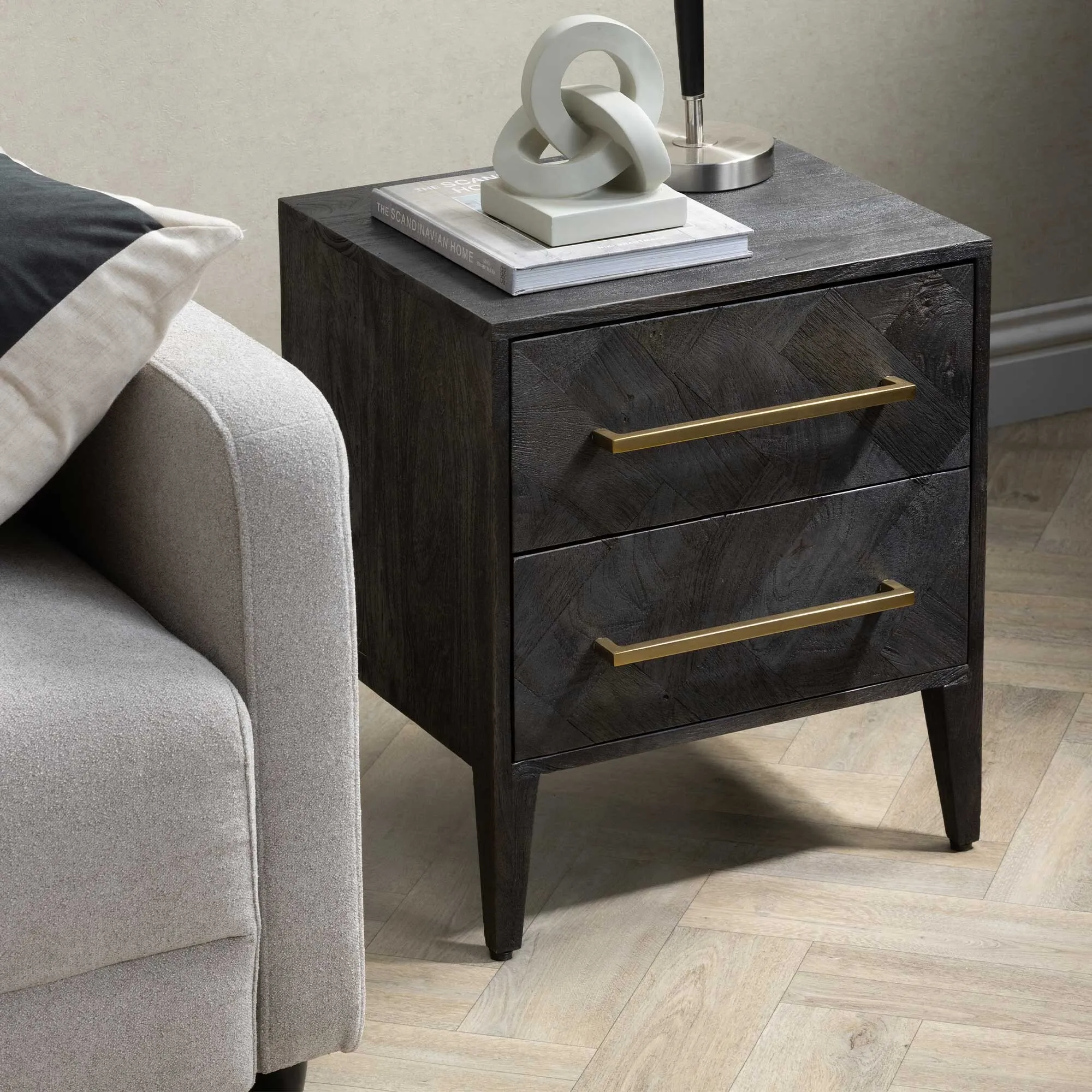 Onyx 2 Drawer Bedside Table - Black, Mango Wood
