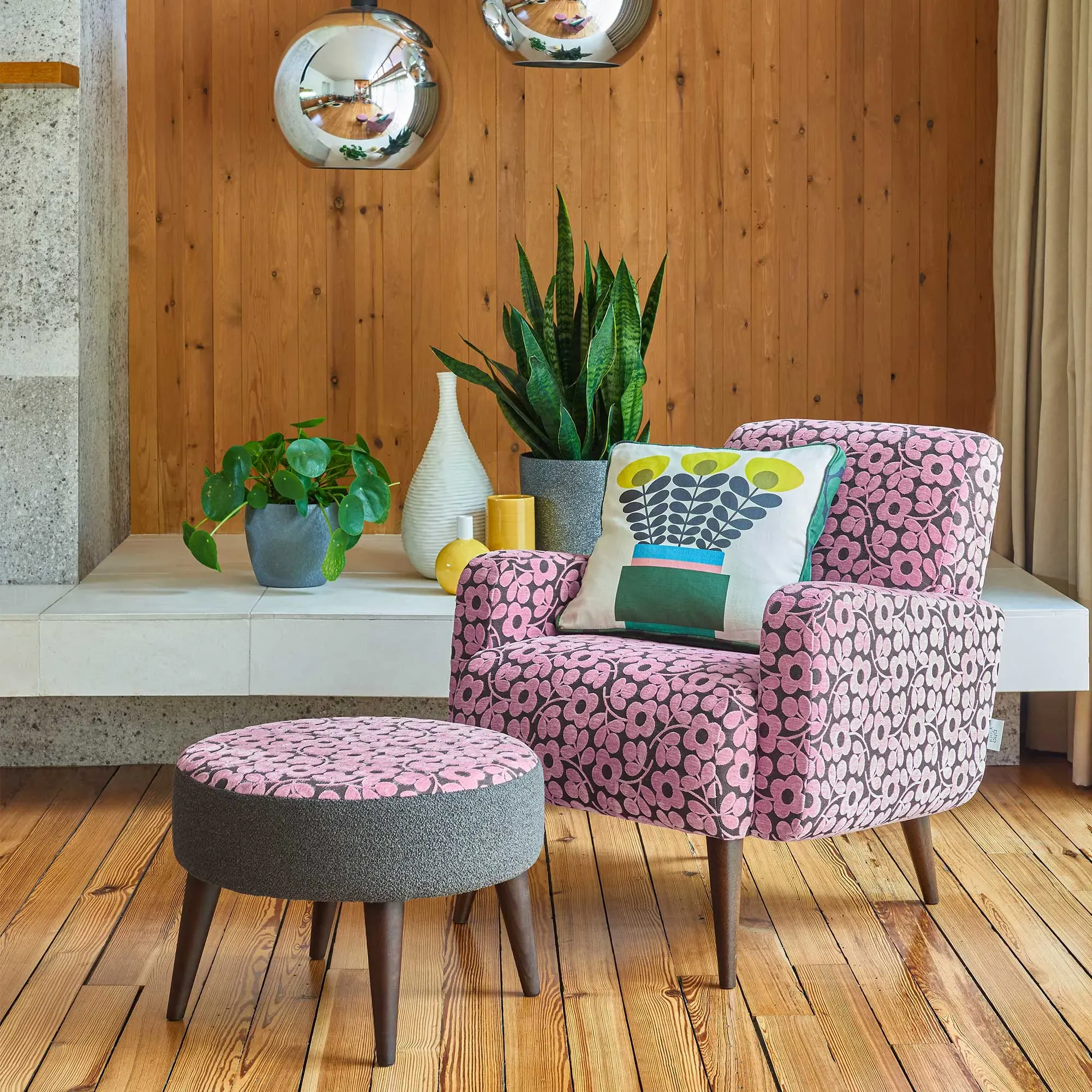 Orla Kiely Roundwood Footstool - Grey, Fabric