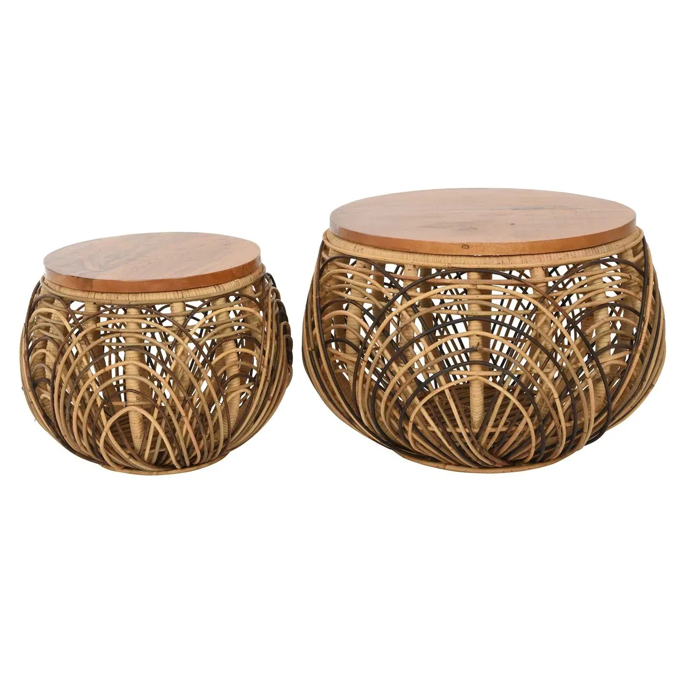 Rattan Round Side Tables Set of 2 - Black, Mango Wood
