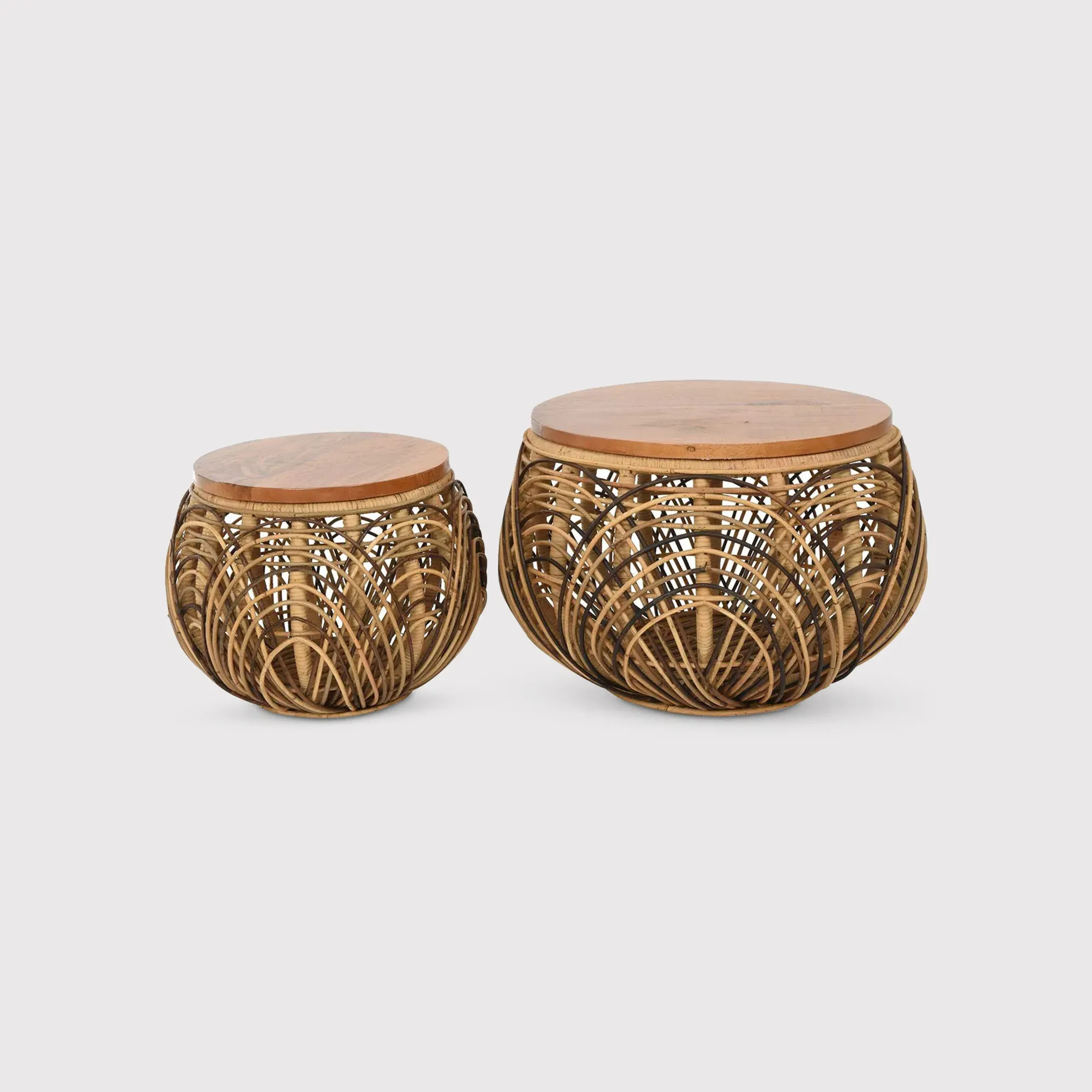 Rattan Round Side Tables Set of 2 - Black, Mango Wood image