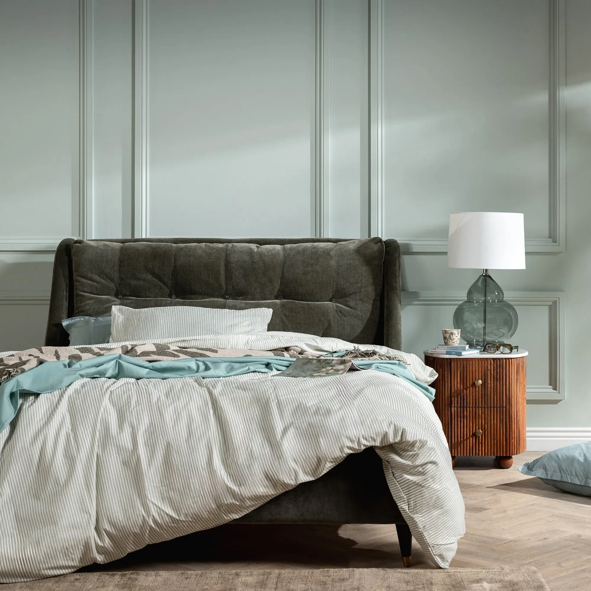 Raul Double Bed Frame - Green, Velvet