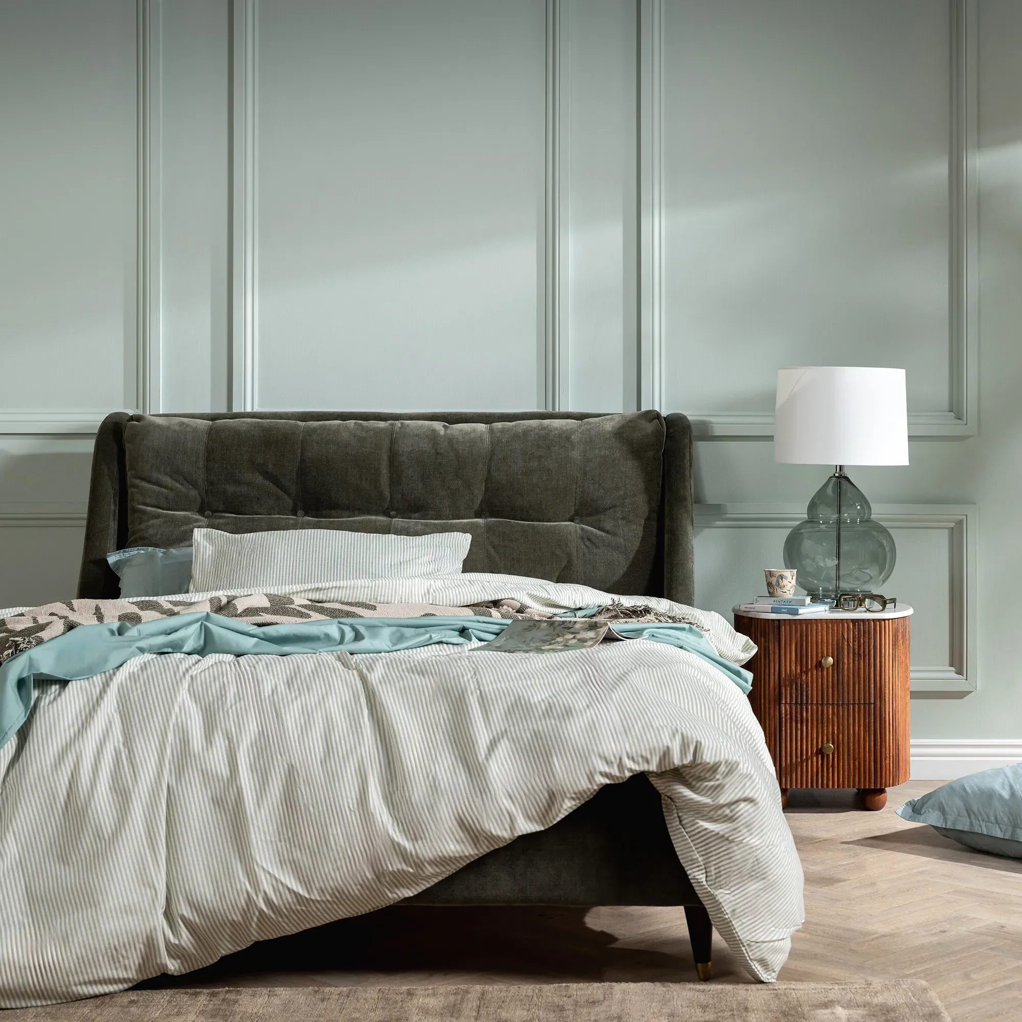 Raul Super King Bed Frame - Green, Velvet