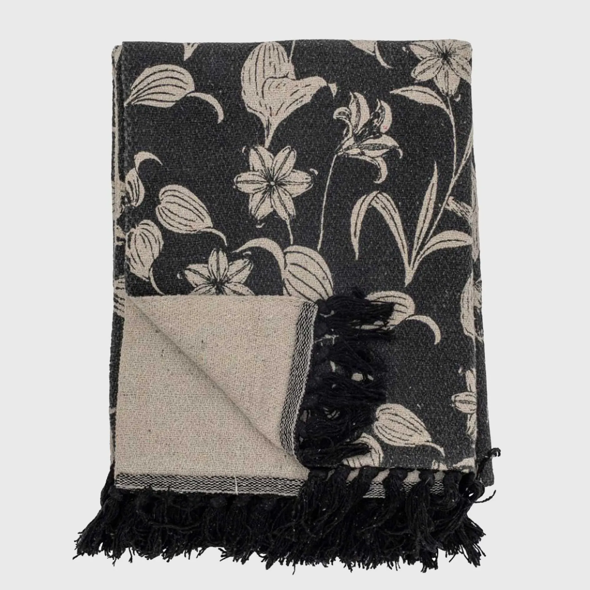 Recycled Floral Fringed Throw - Black, Cotton Blend