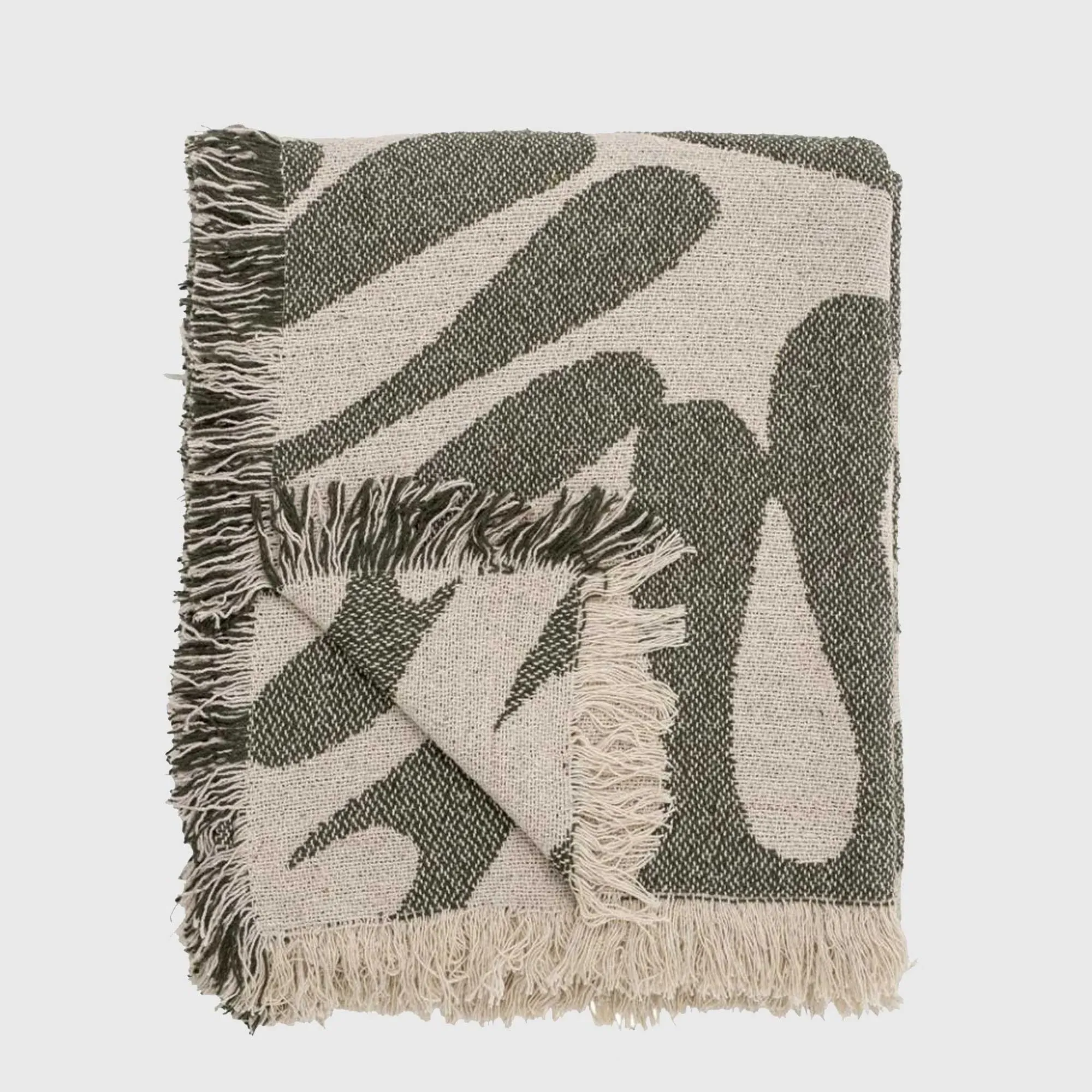 Recycled Nature Fringed Throw - Green, Cotton Blend