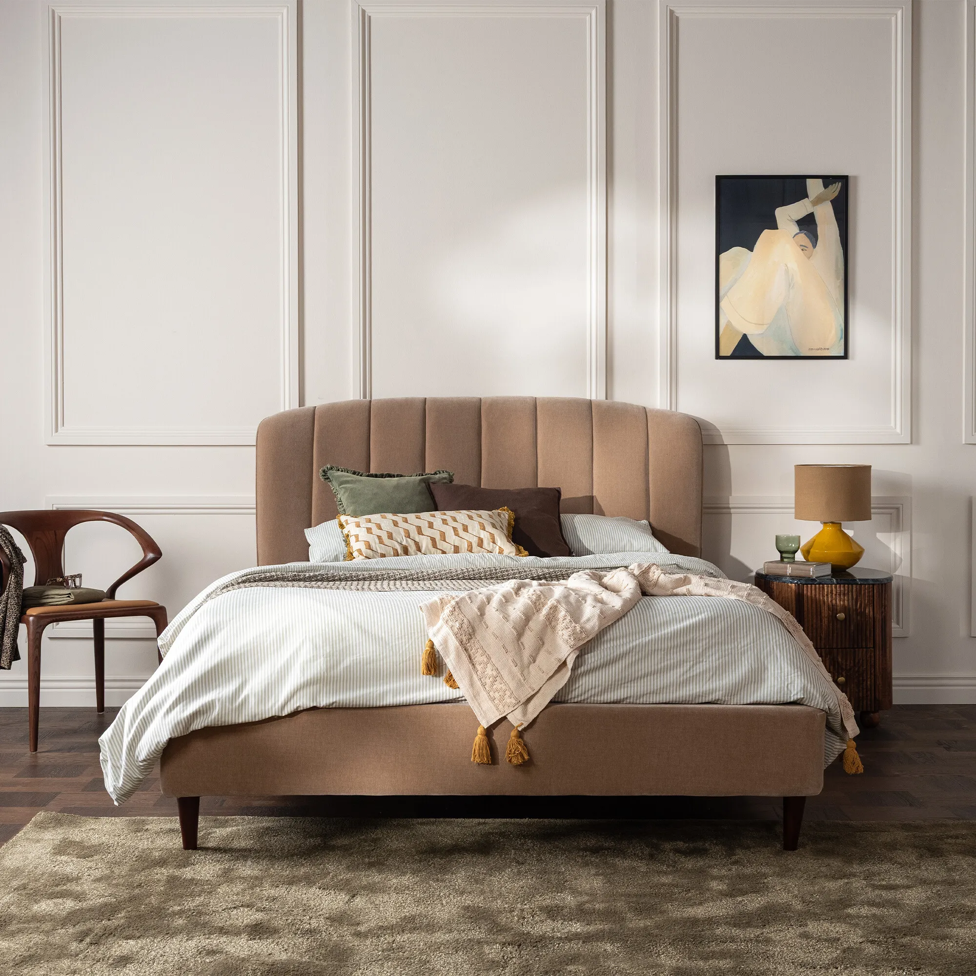 Reyes King Size Bed Frame - Brown, Fabric