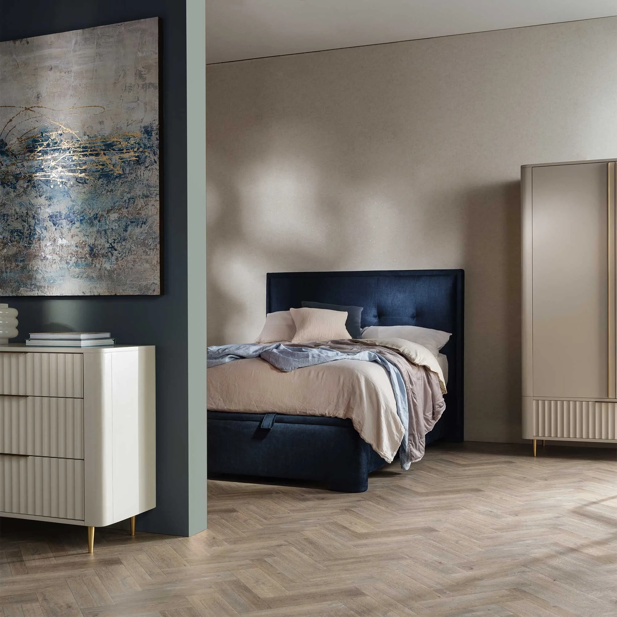 Ripley King Size Bed Frame with Square Headboard - Blue, Fabric