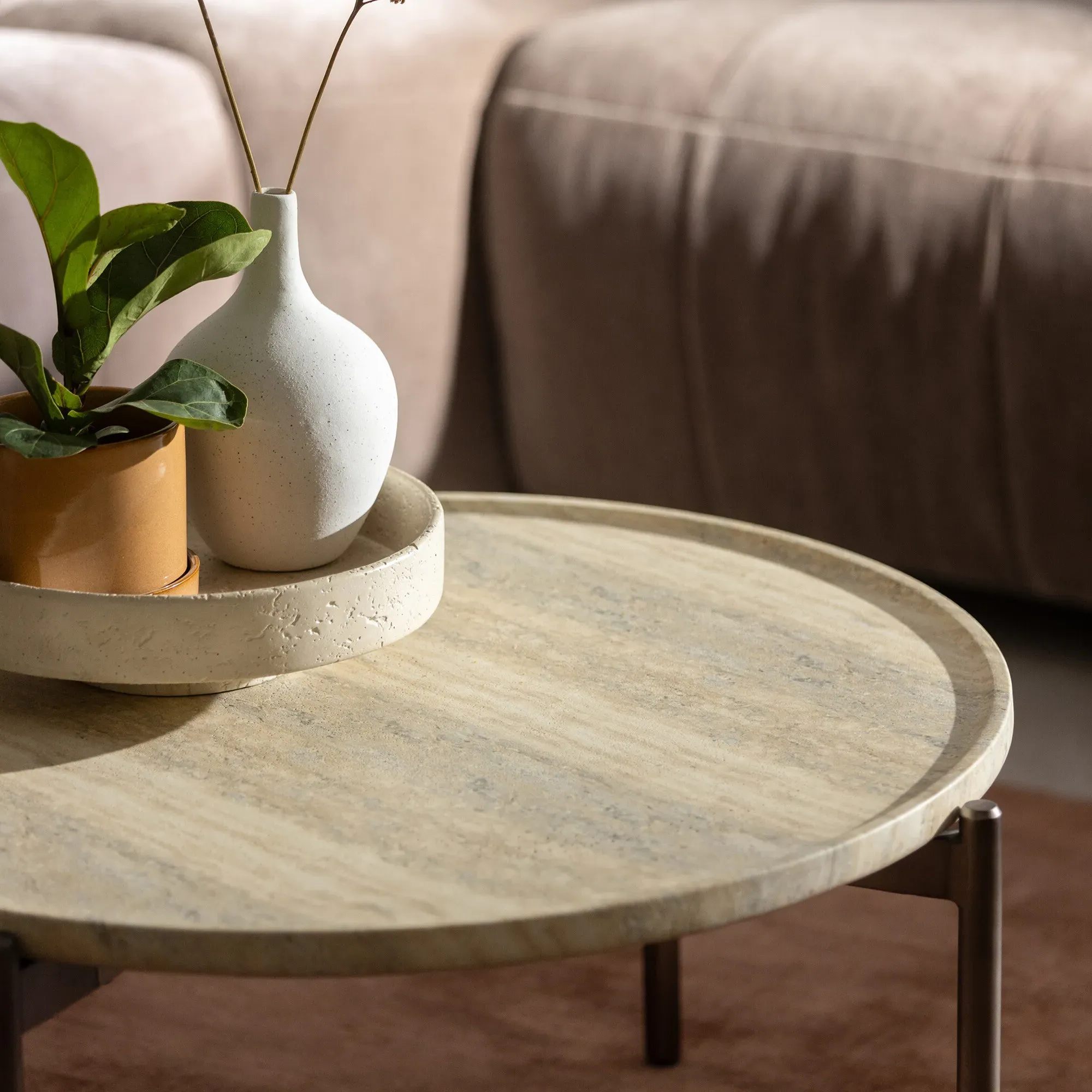 Ryde Round Coffee Table - Neutral, Travertine