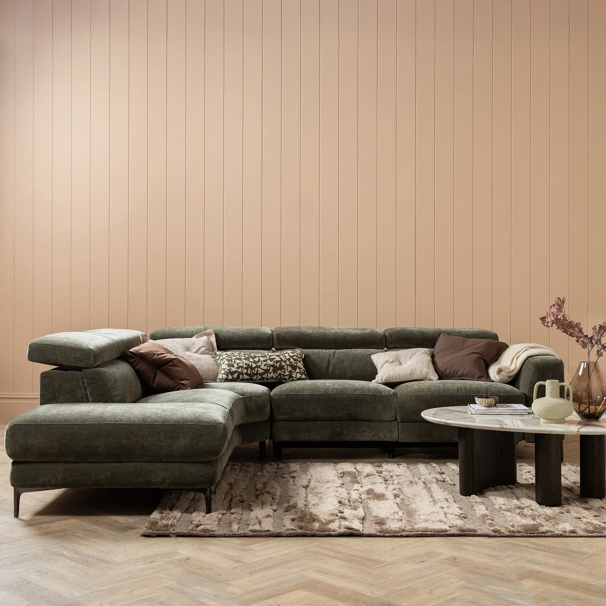 Sandro Right Hand Facing Corner Recliner Sofa - Green, Fabric