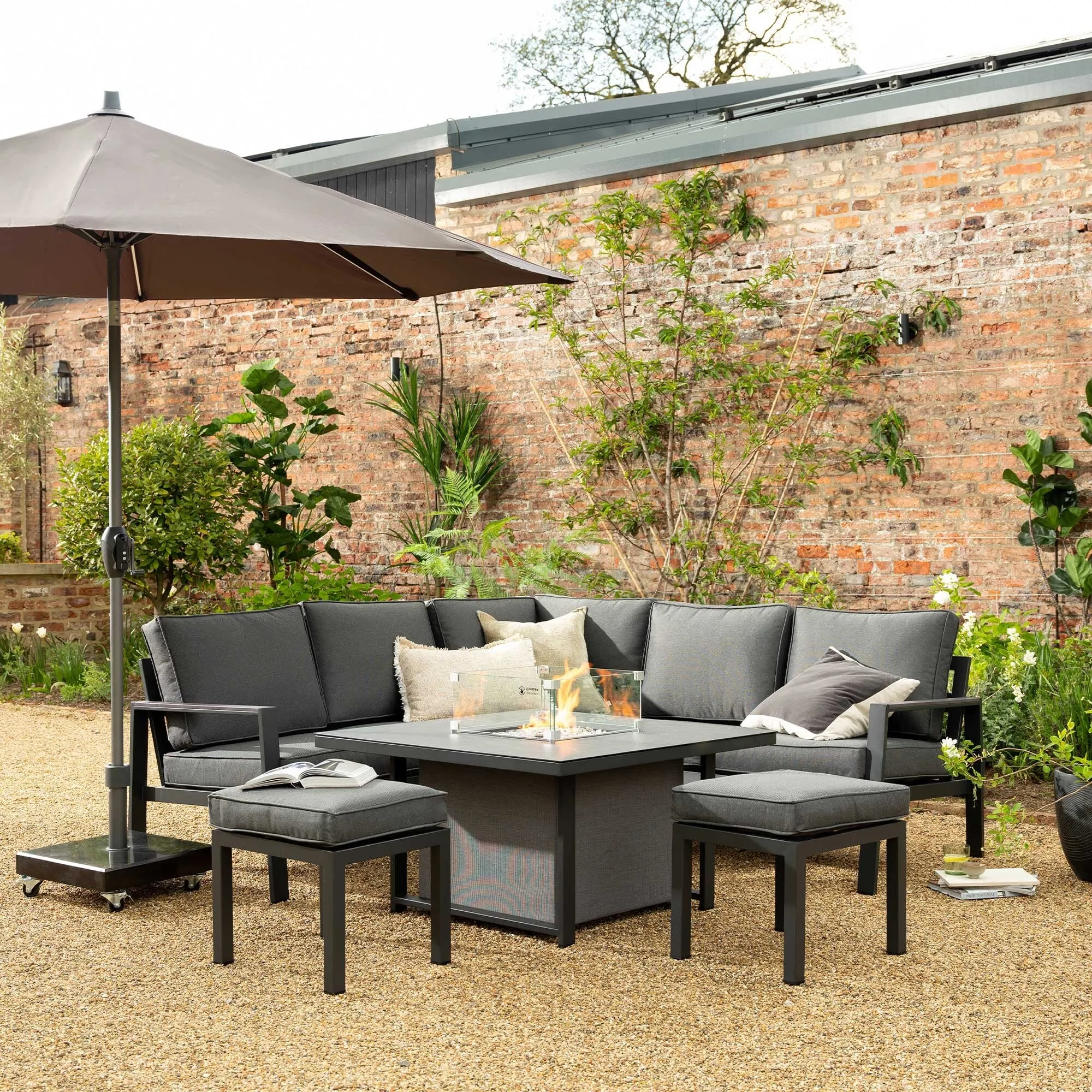 Santos Garden Firepit Rising Table Corner Sofa Set - Grey, Aluminium