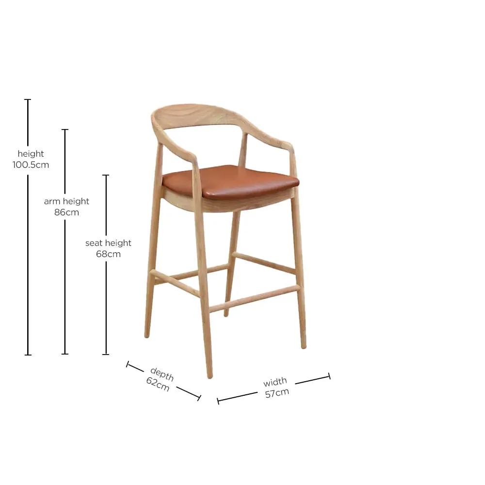 Semeru Counter Stool with Leather Seat - Brown, Teak