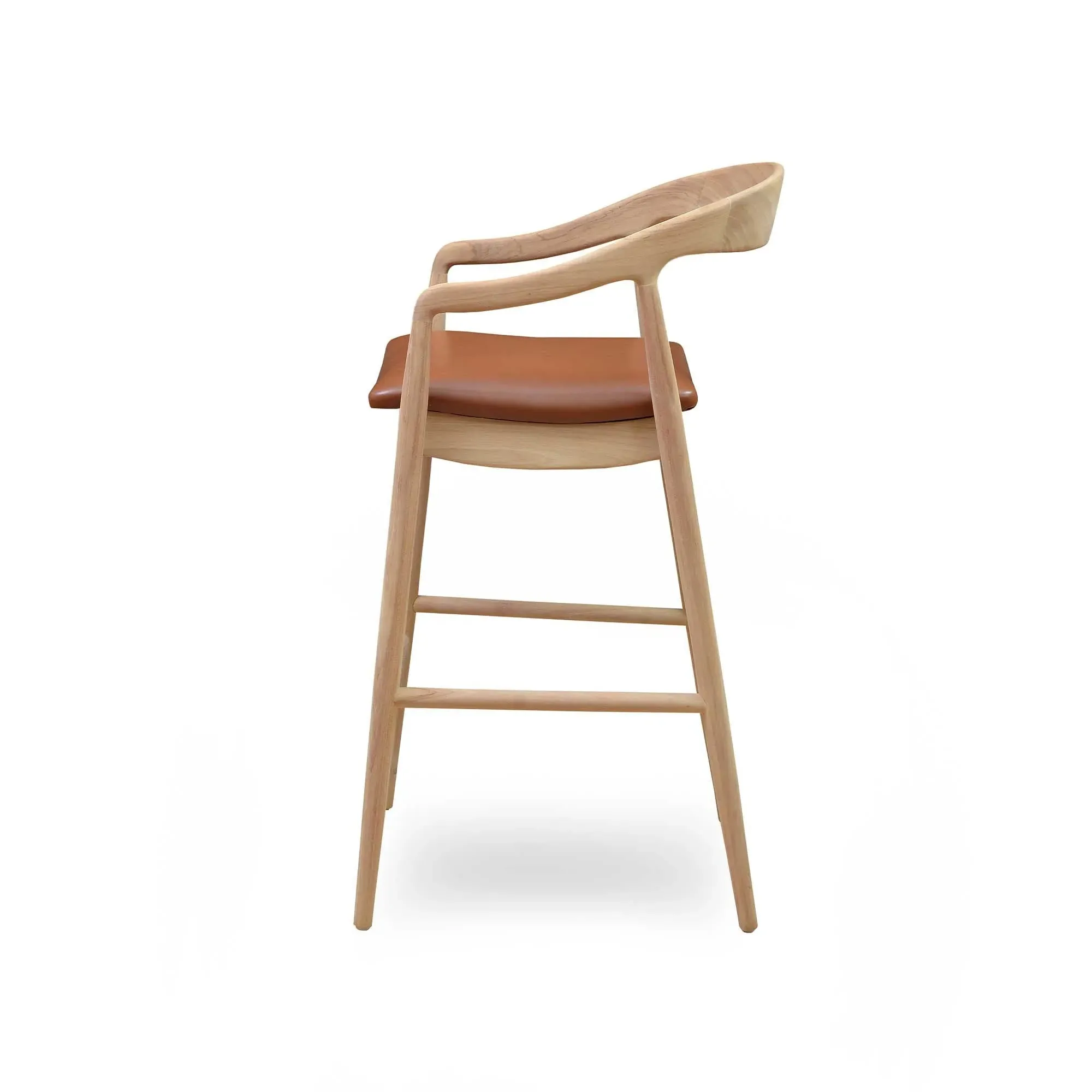 Semeru Counter Stool with Leather Seat - Brown, Teak