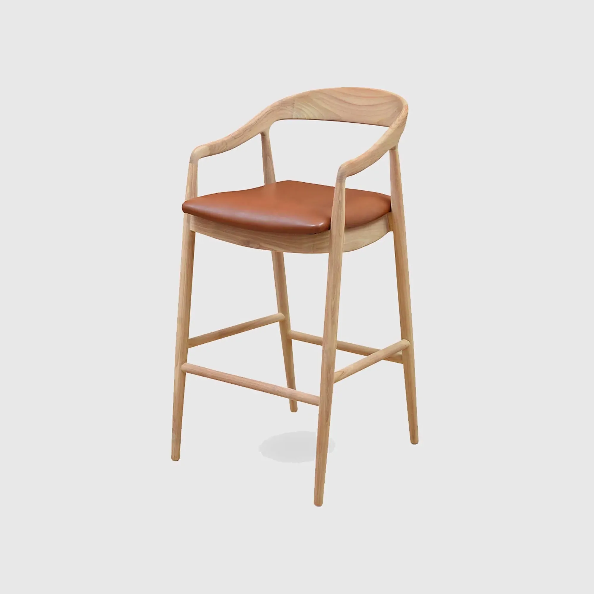 Semeru Counter Stool with Leather Seat - Brown, Teak