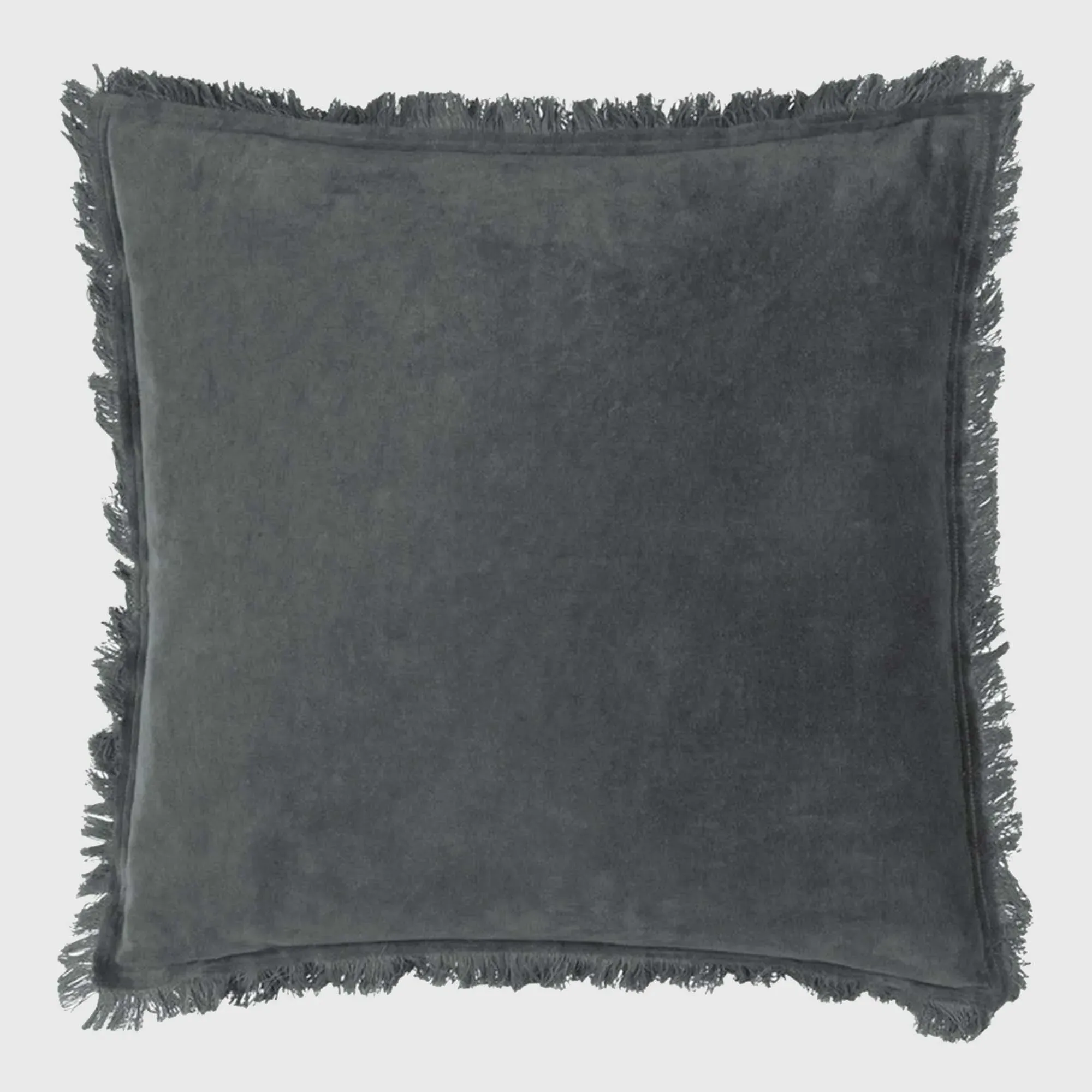 Slate Square Fringed Velvet Cushion - Grey, Cotton