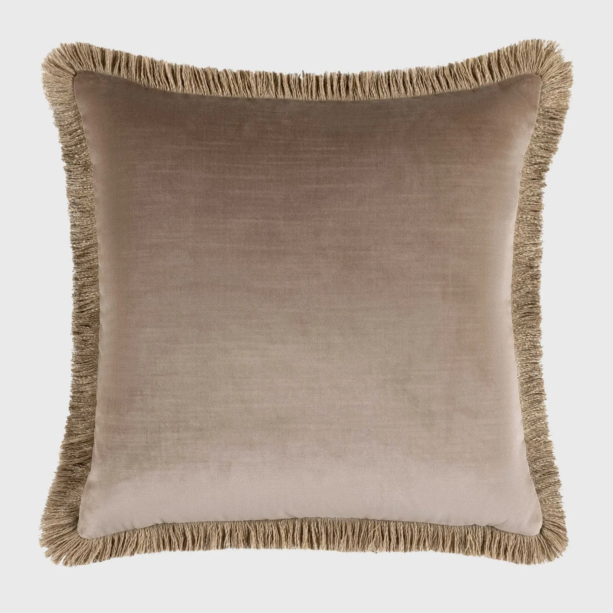 Square Fringed Velvet Cushion - Taupe, Polyester