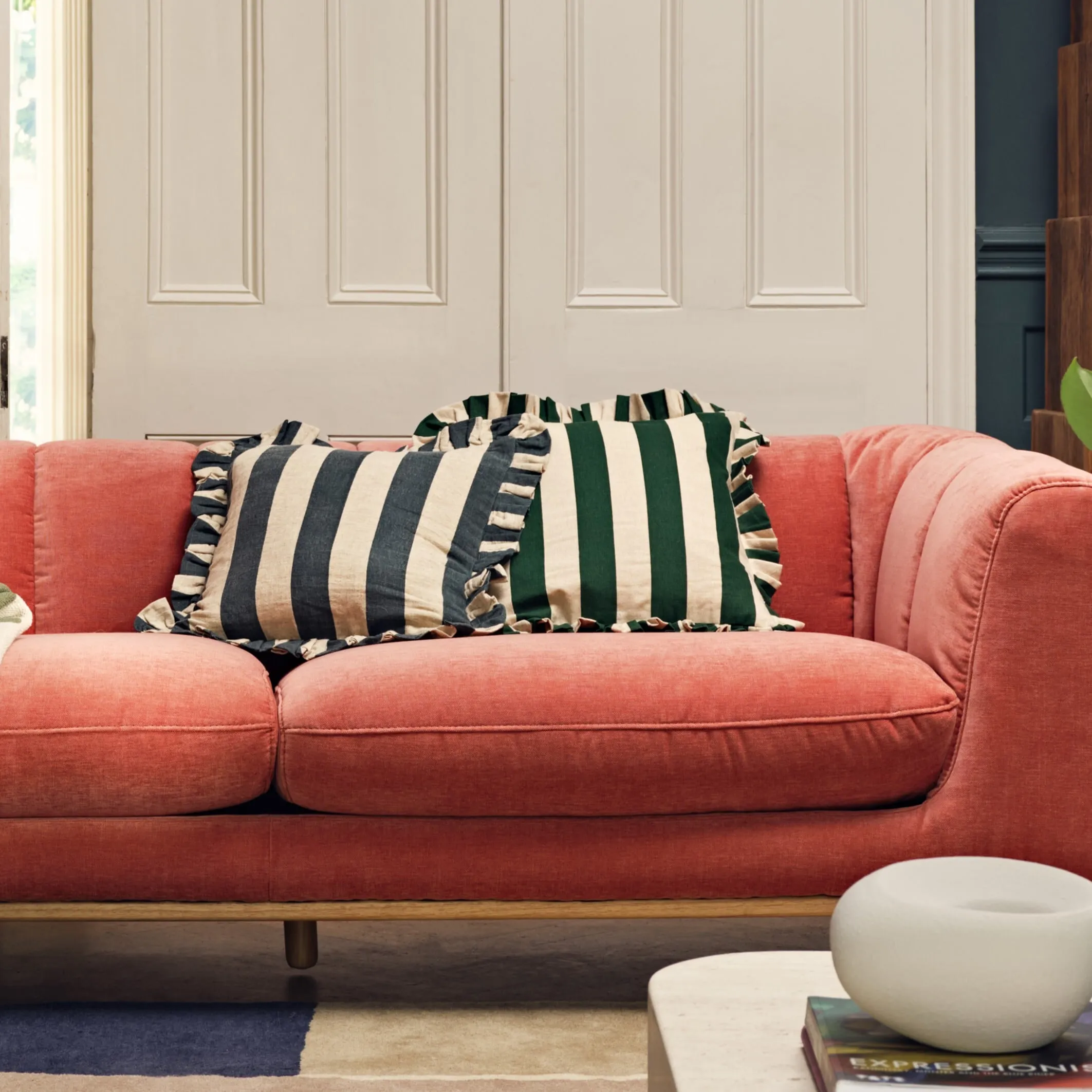 Square Striped Frill Cushion - Blue, Viscose