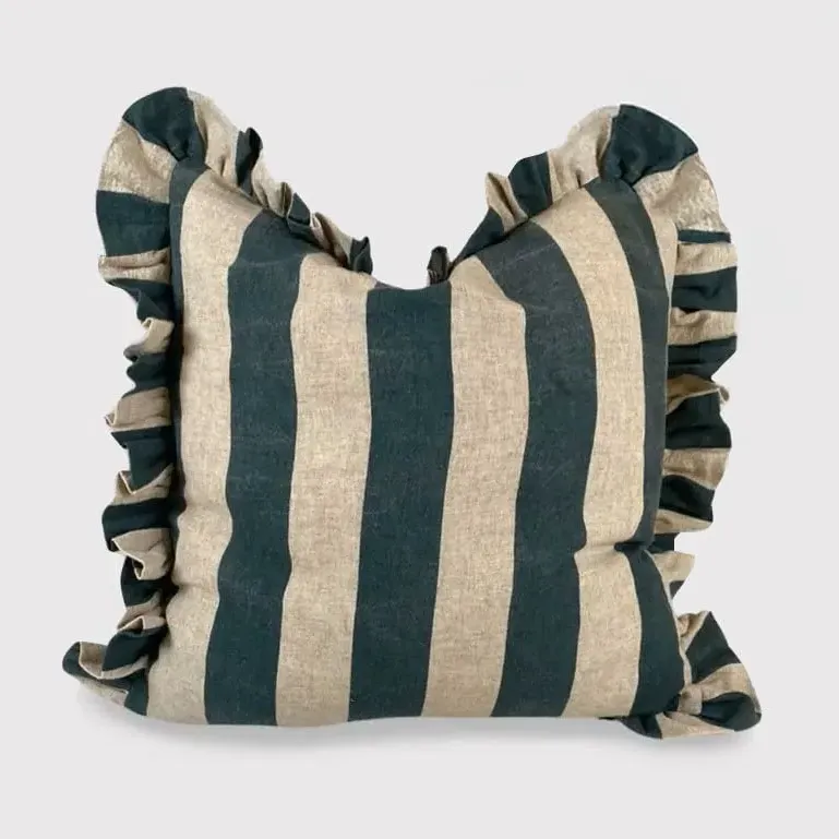 Square Striped Frill Cushion - Blue, Viscose image