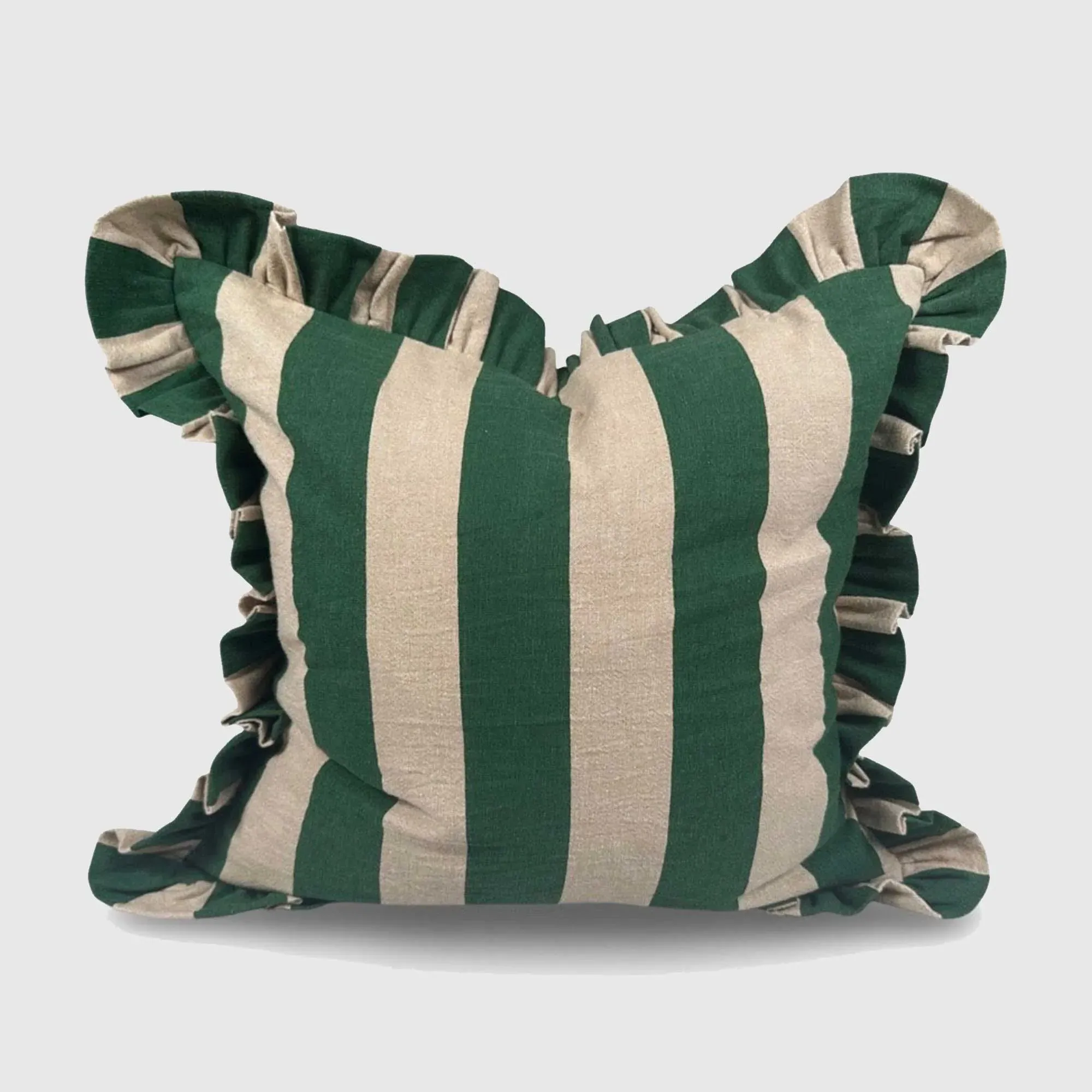 Square Striped Frill Cushion - Green, Cotton