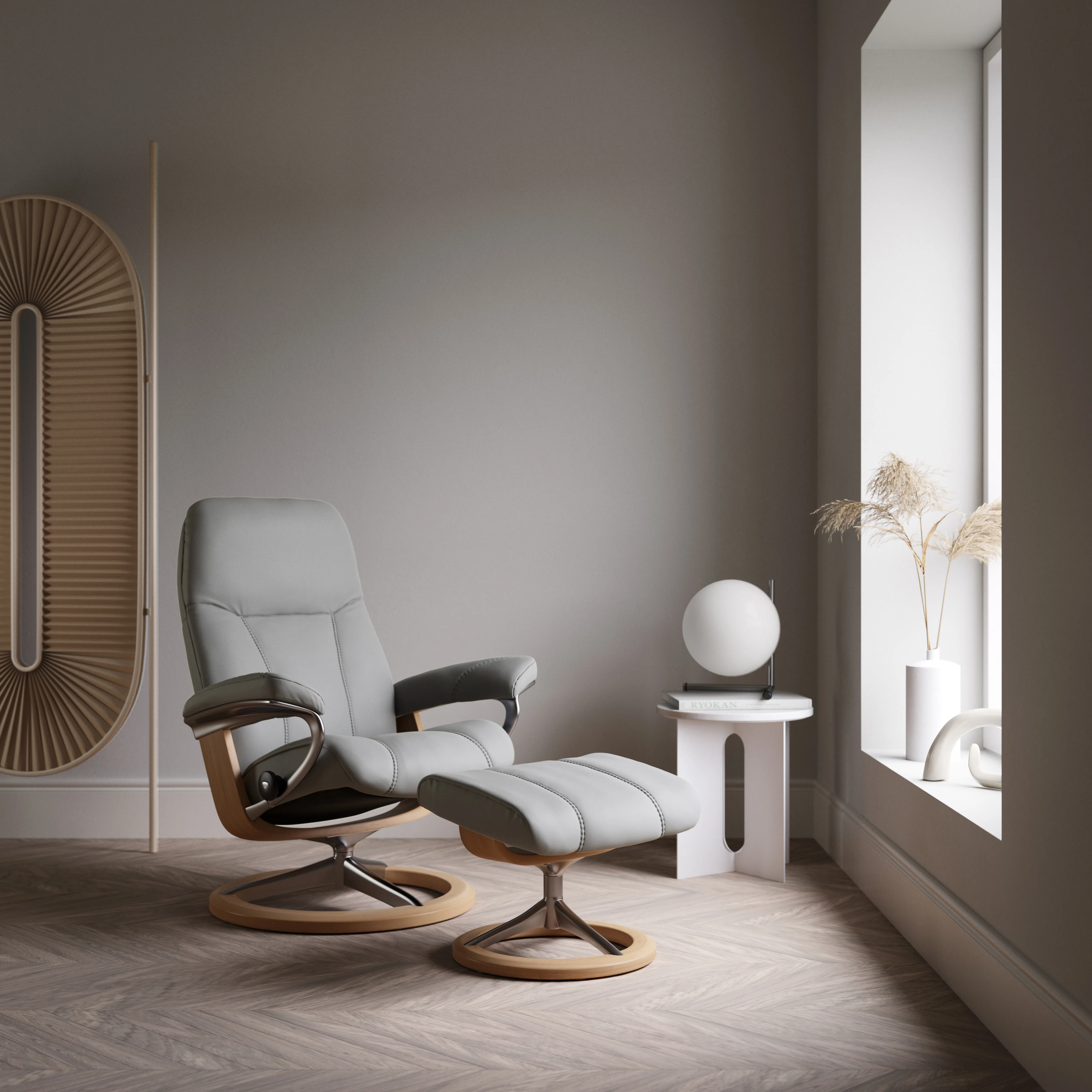 Stressless Consul Large Recliner Chair & Stool - Grey, Leather