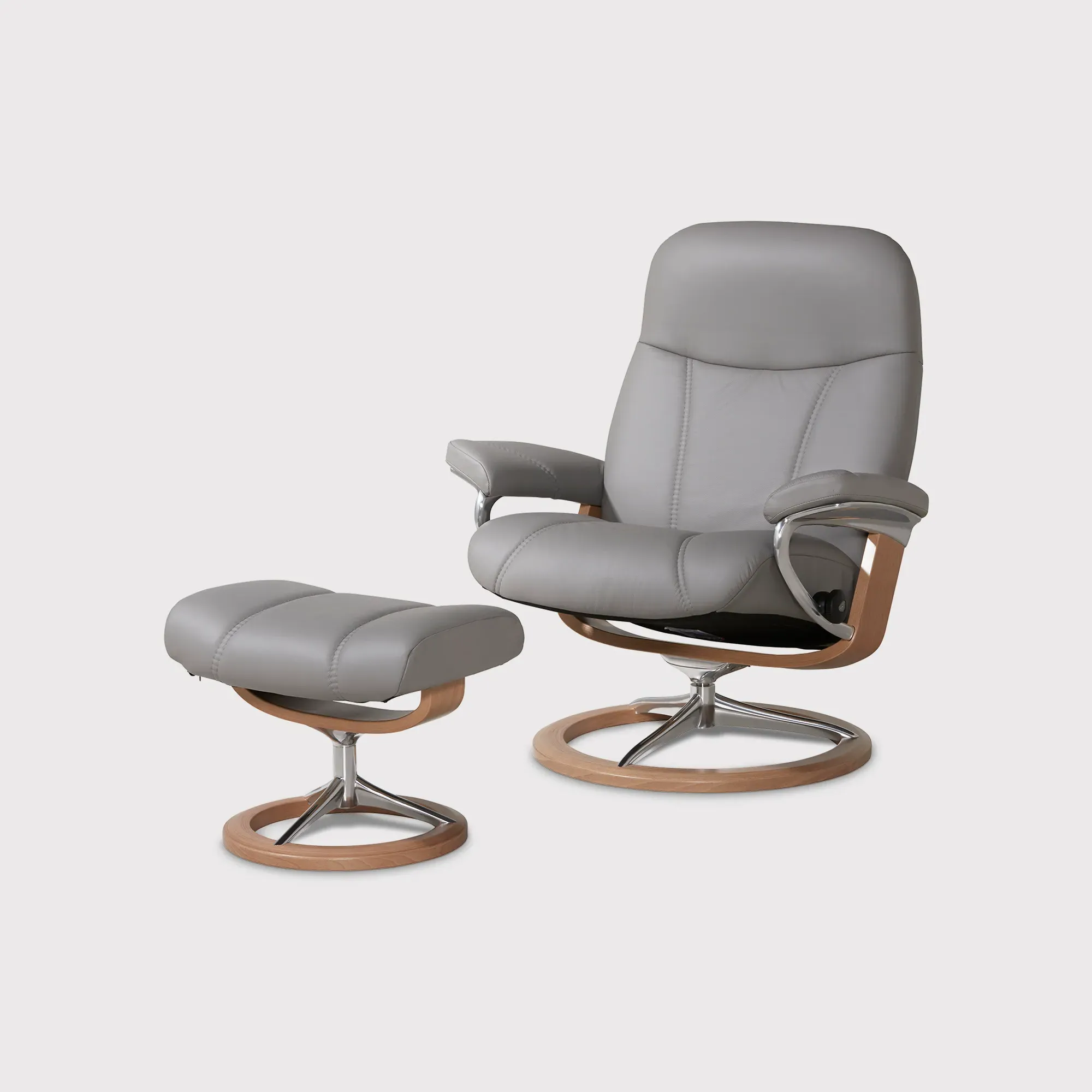 Stressless Consul Large Recliner Chair & Stool - Grey, Leather