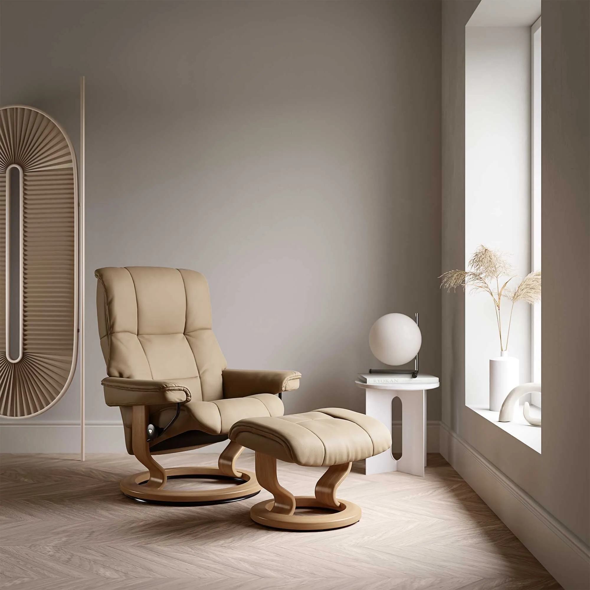 Stressless Mayfair Medium Recliner Chair & Footstool - Neutral, Leather