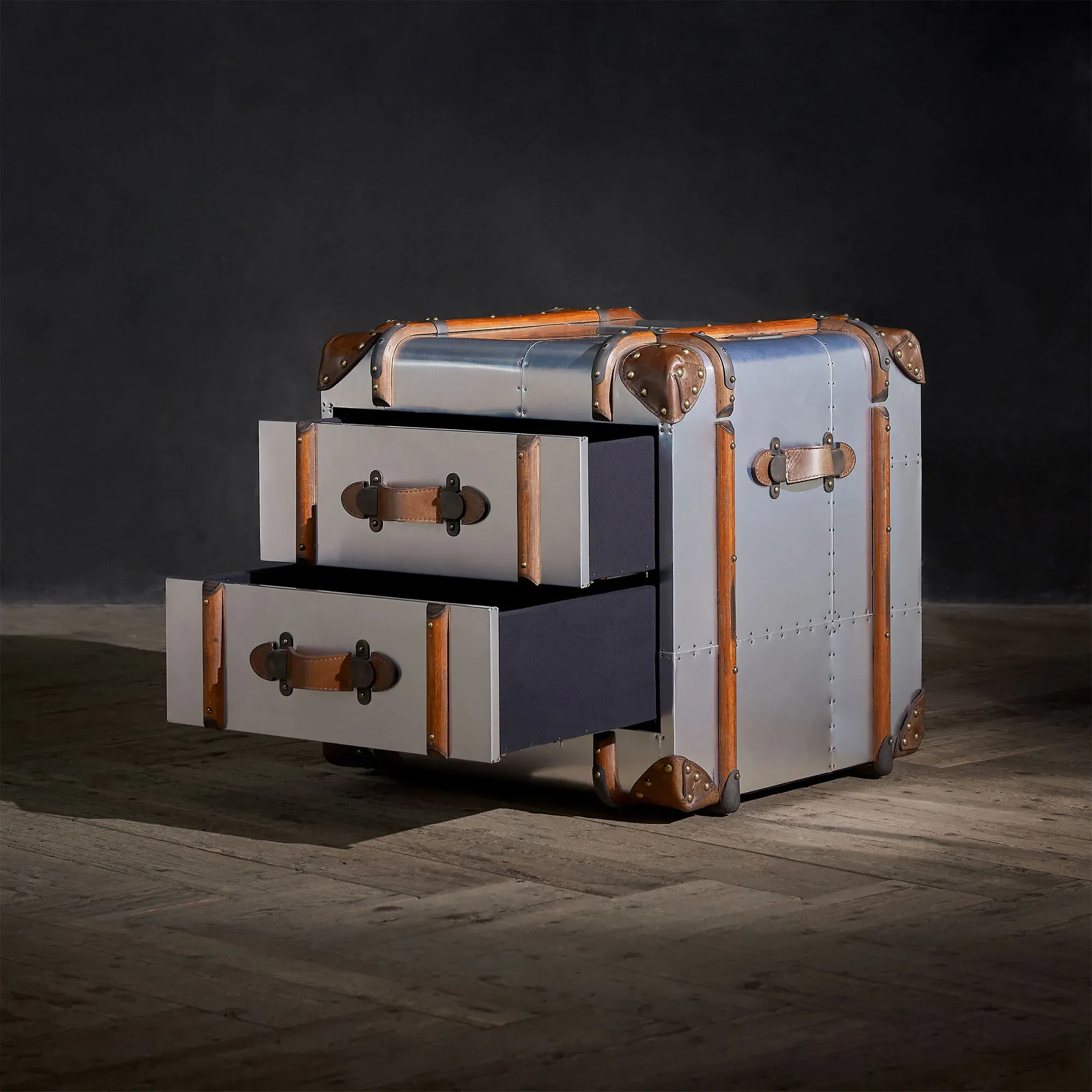 Timothy Oulton Globetrekker 2 Drawer Side Table - Silver