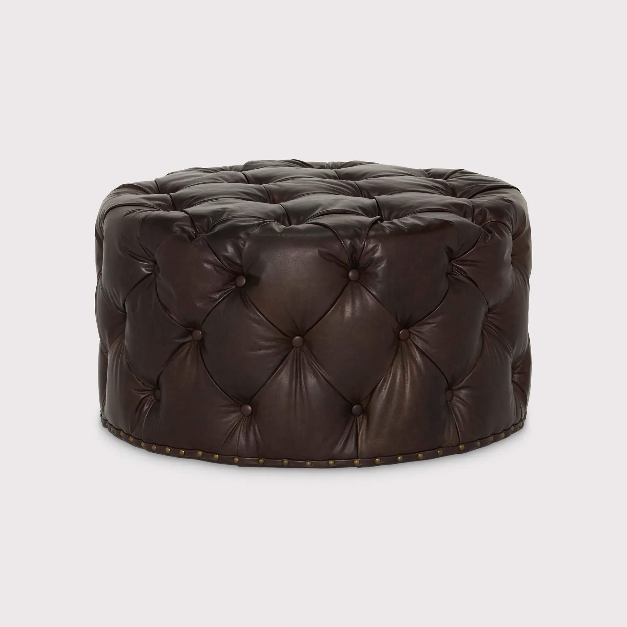 Timothy Oulton Lord Digsby Round Medium Footstool - Brown, Leather