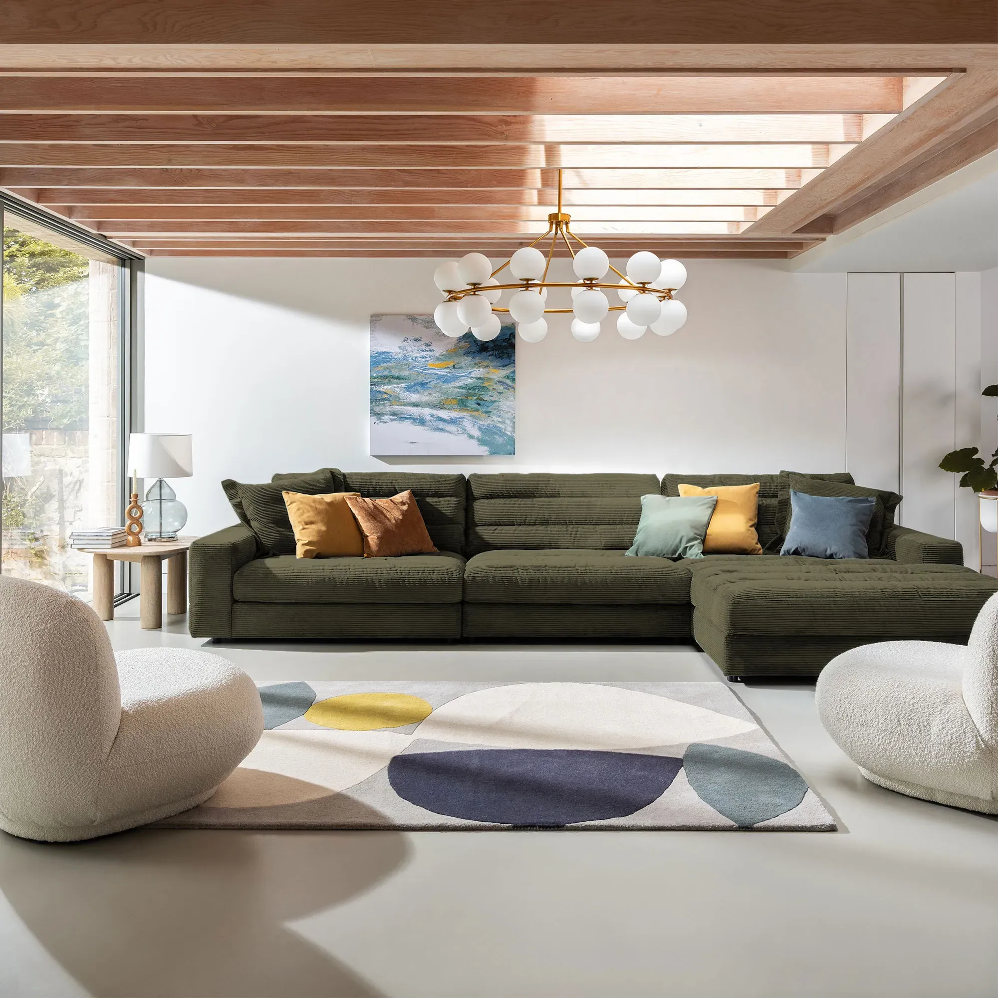 Twain Large Chaise Sofa Left - Green, Fabric