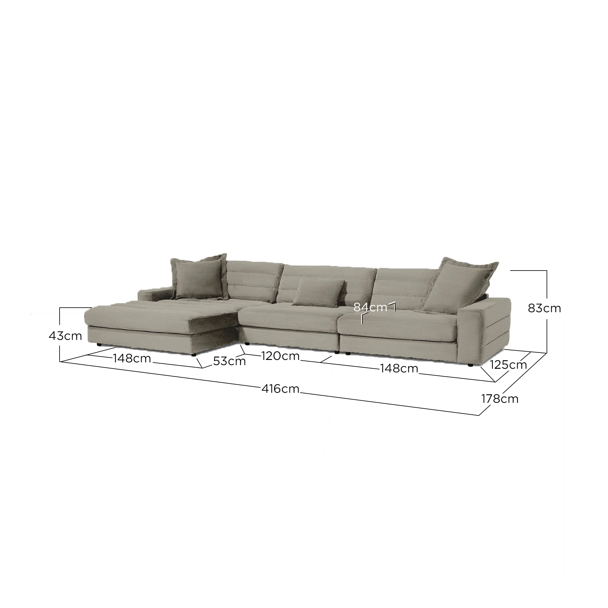 Twain Large Chaise Sofa Left - Grey, Fabric