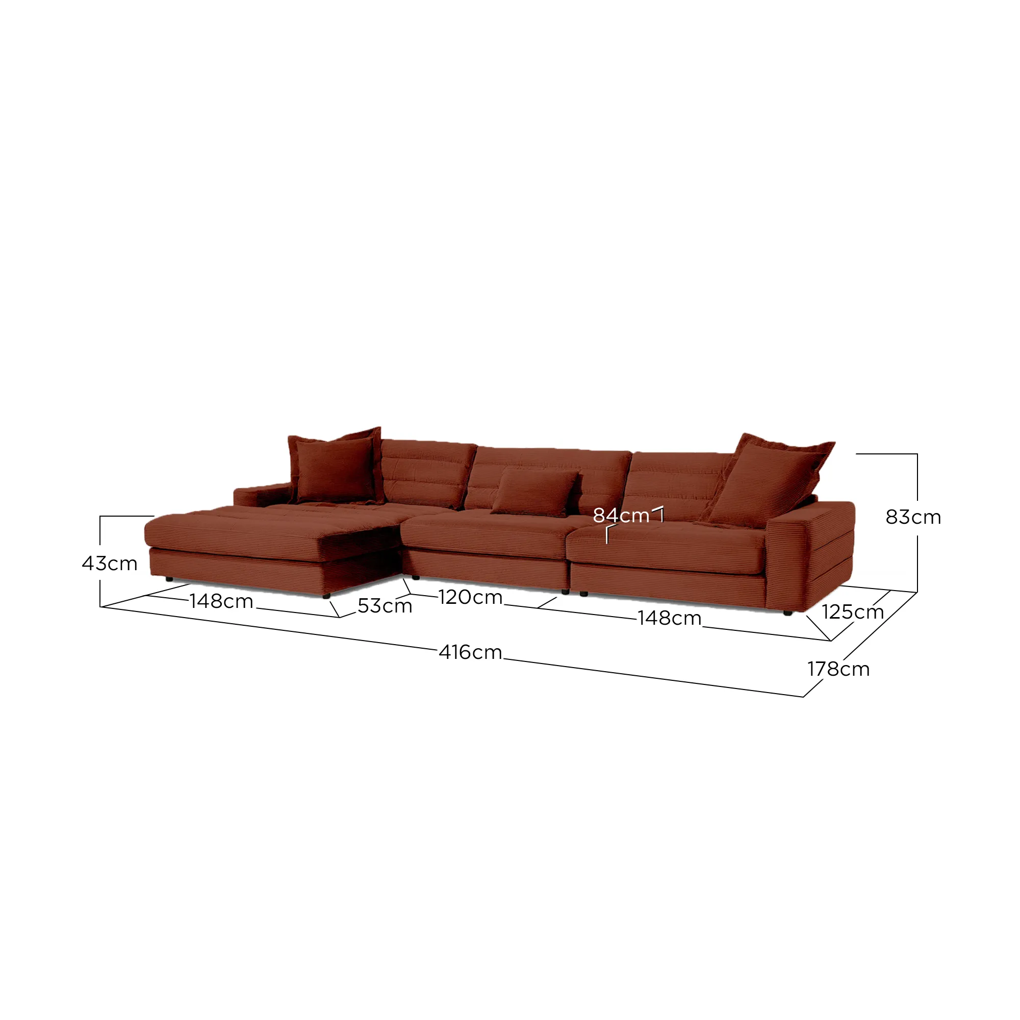 Twain Large Chaise Sofa Left - Red, Fabric