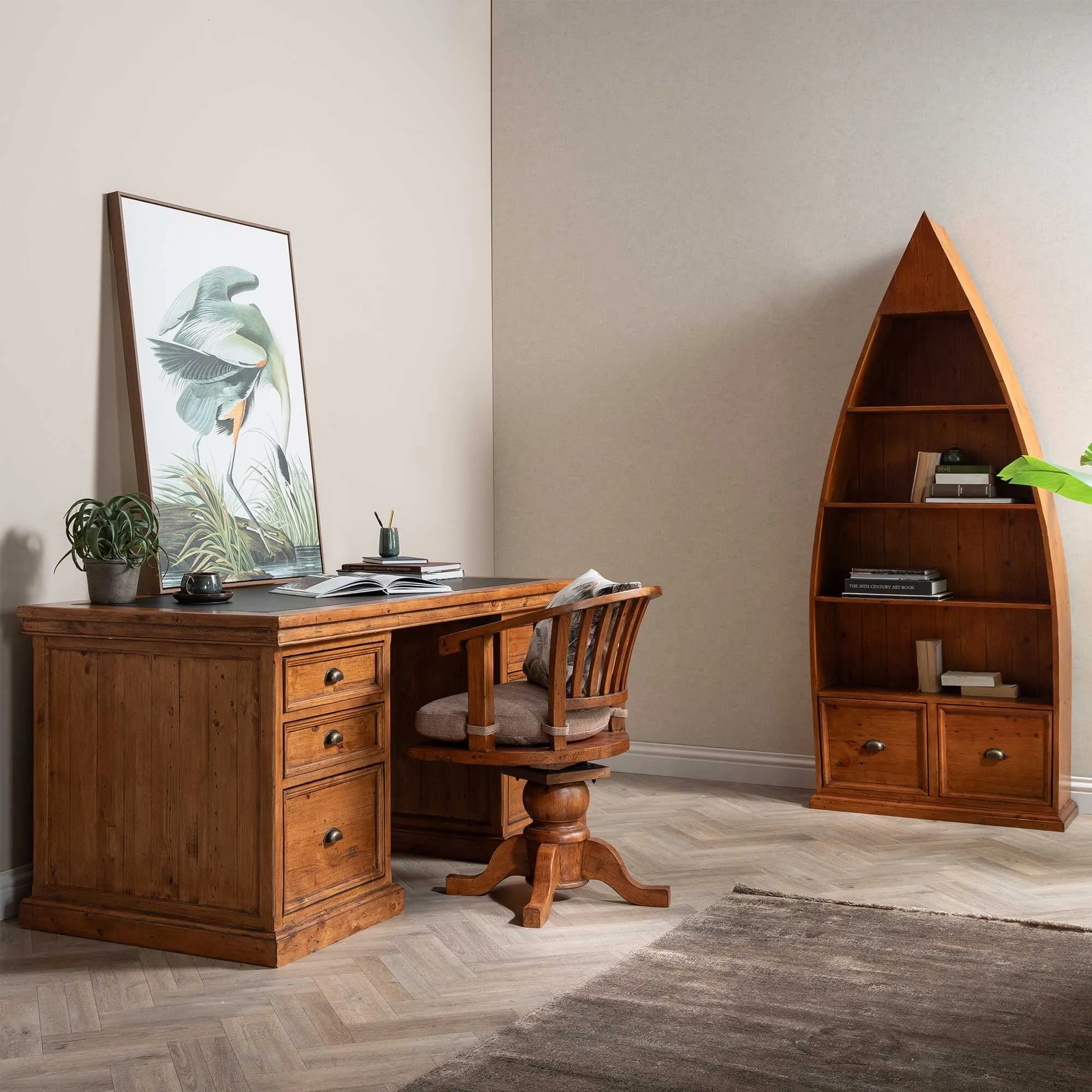 Villiers Boat Bookcase - Brown, Pine Wood