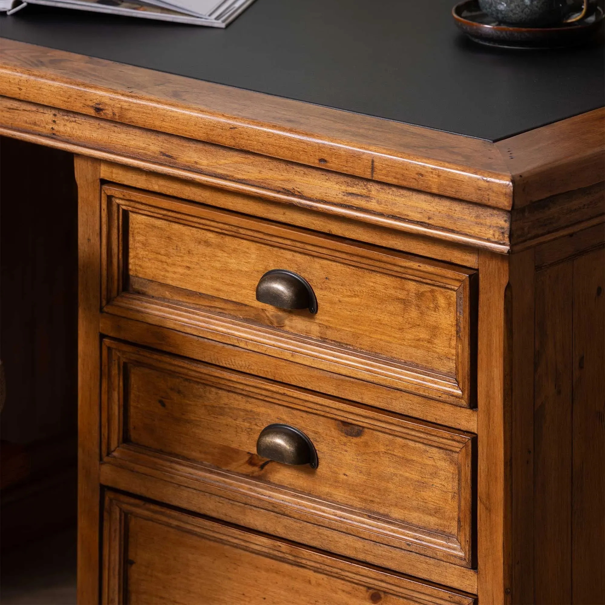 Villiers Double Pedestal Desk - Brown, Pine Wood