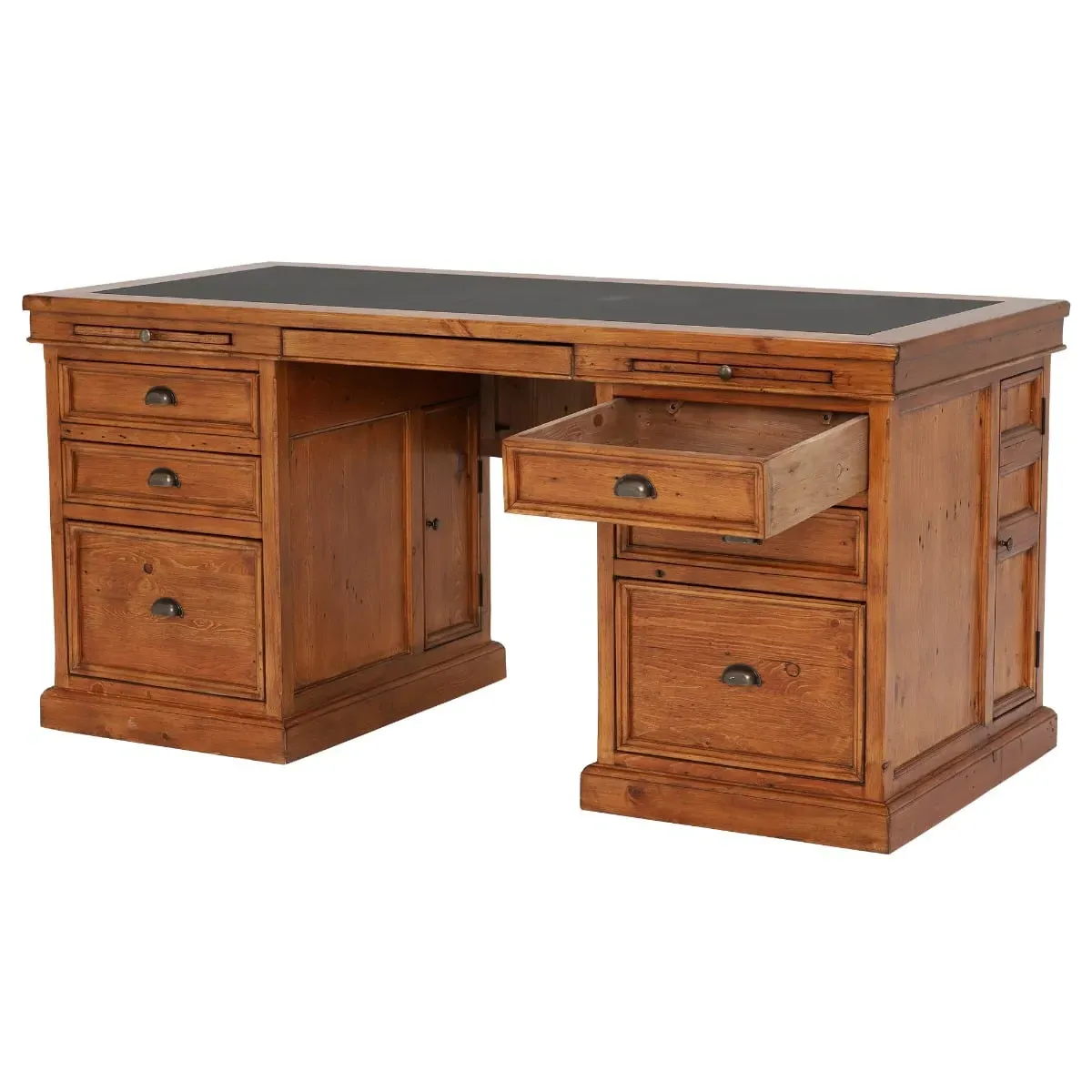 Villiers Double Pedestal Desk - Brown, Pine Wood