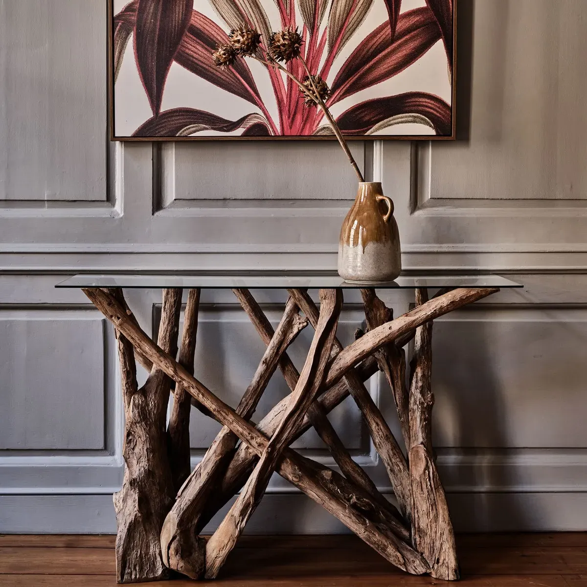 Whinfell Console Table - Brown Glass, Teak