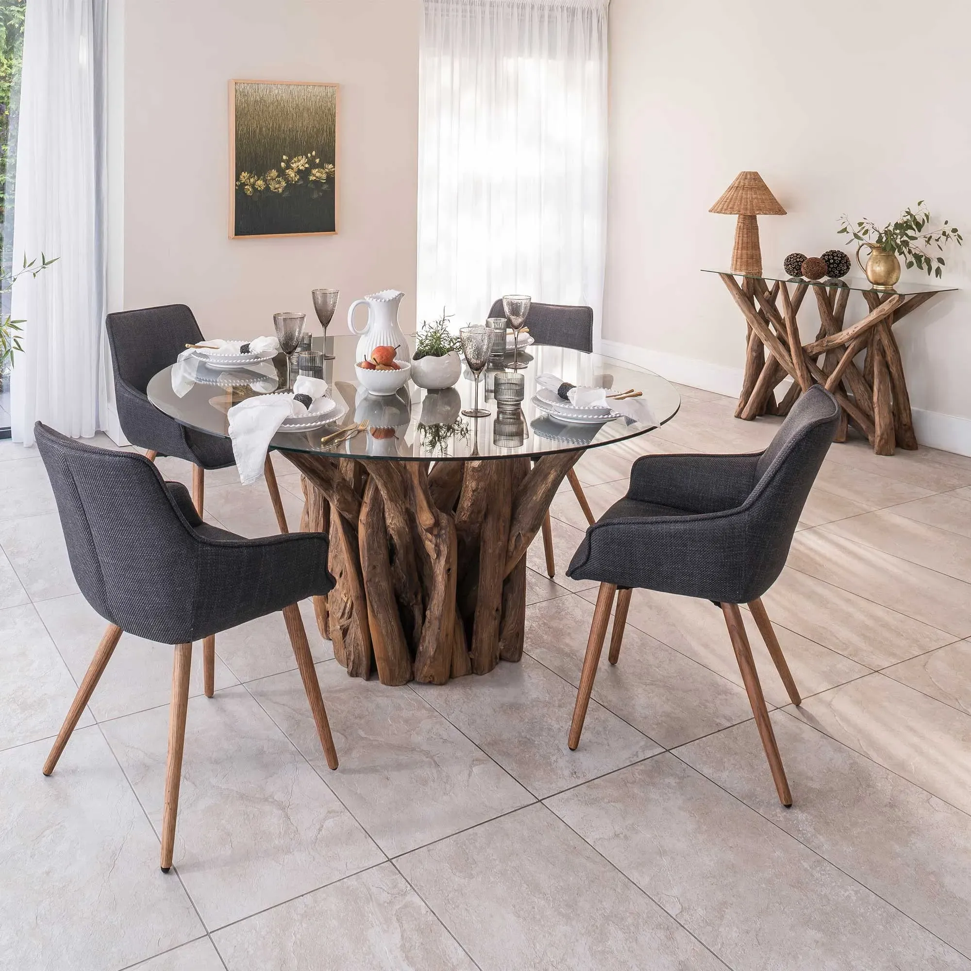 Whinfell Round Dining Table - Brown Glass, Reclaimed Teak