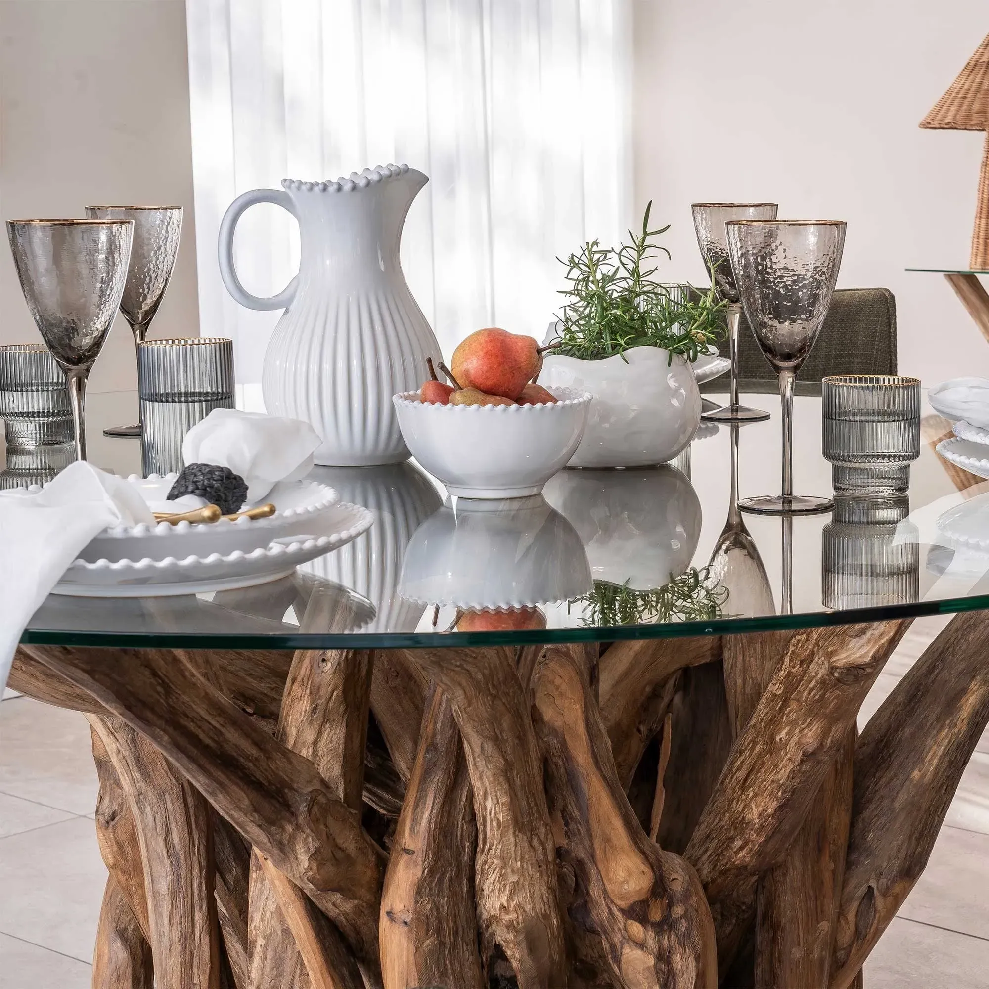 Whinfell Round Dining Table - Brown Glass, Reclaimed Teak