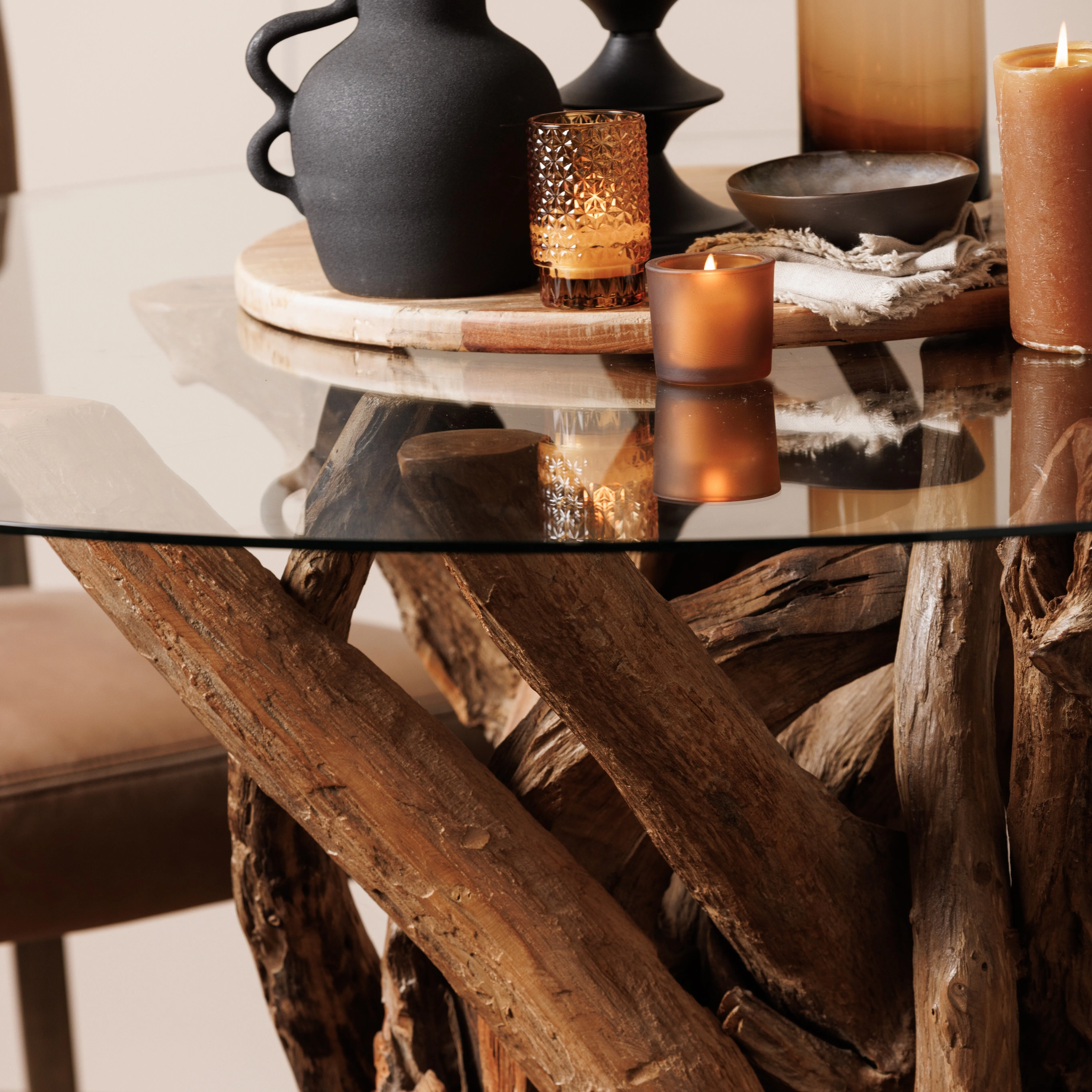 Whinfell Round Dining Table - Brown Glass, Reclaimed Teak