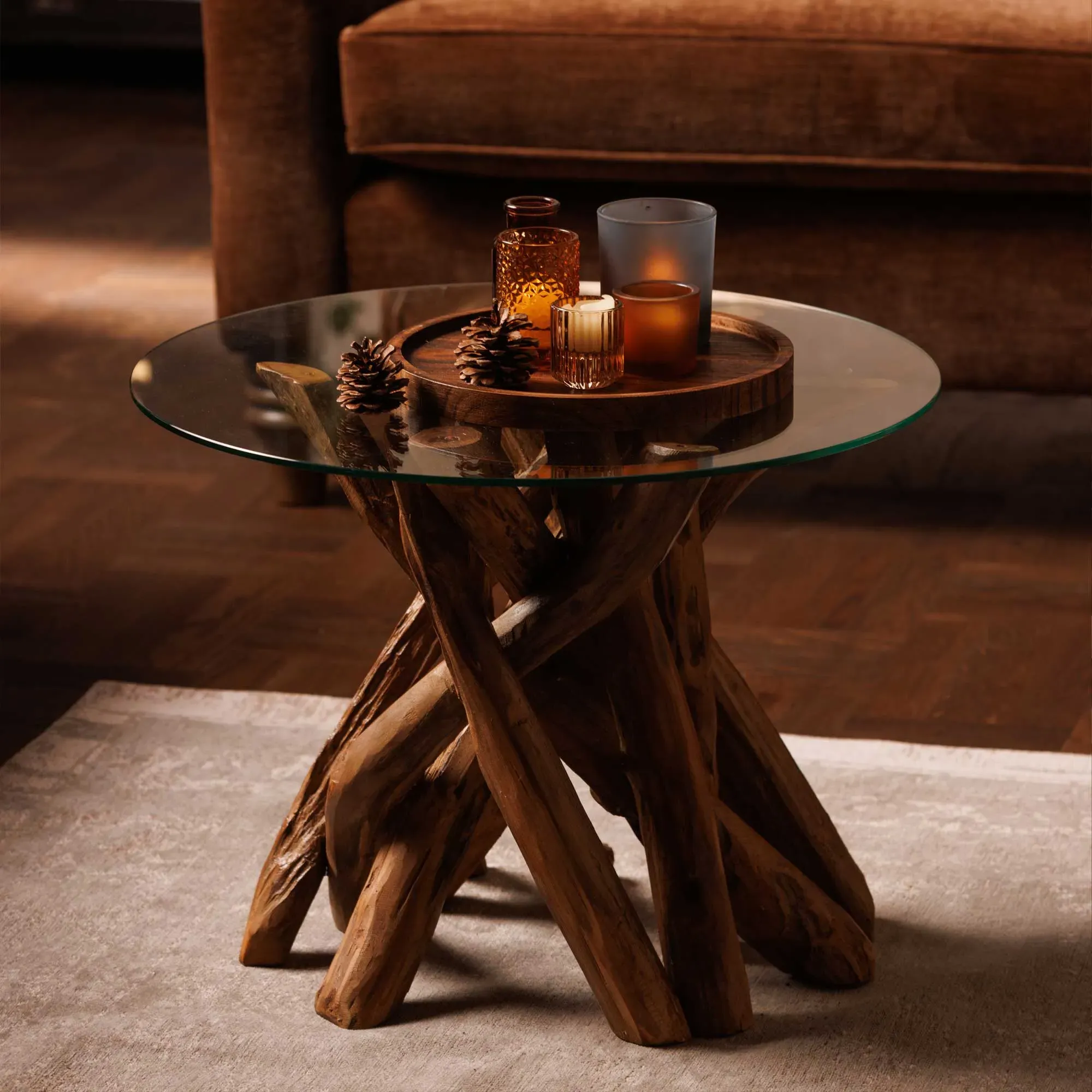 Whinfell Round Lamp Table - Brown, Glass