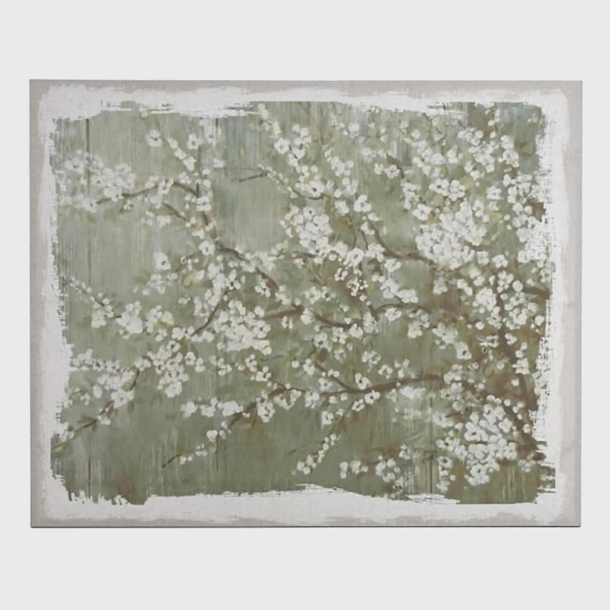 White Blossom Green Square Canvas Print - Linen