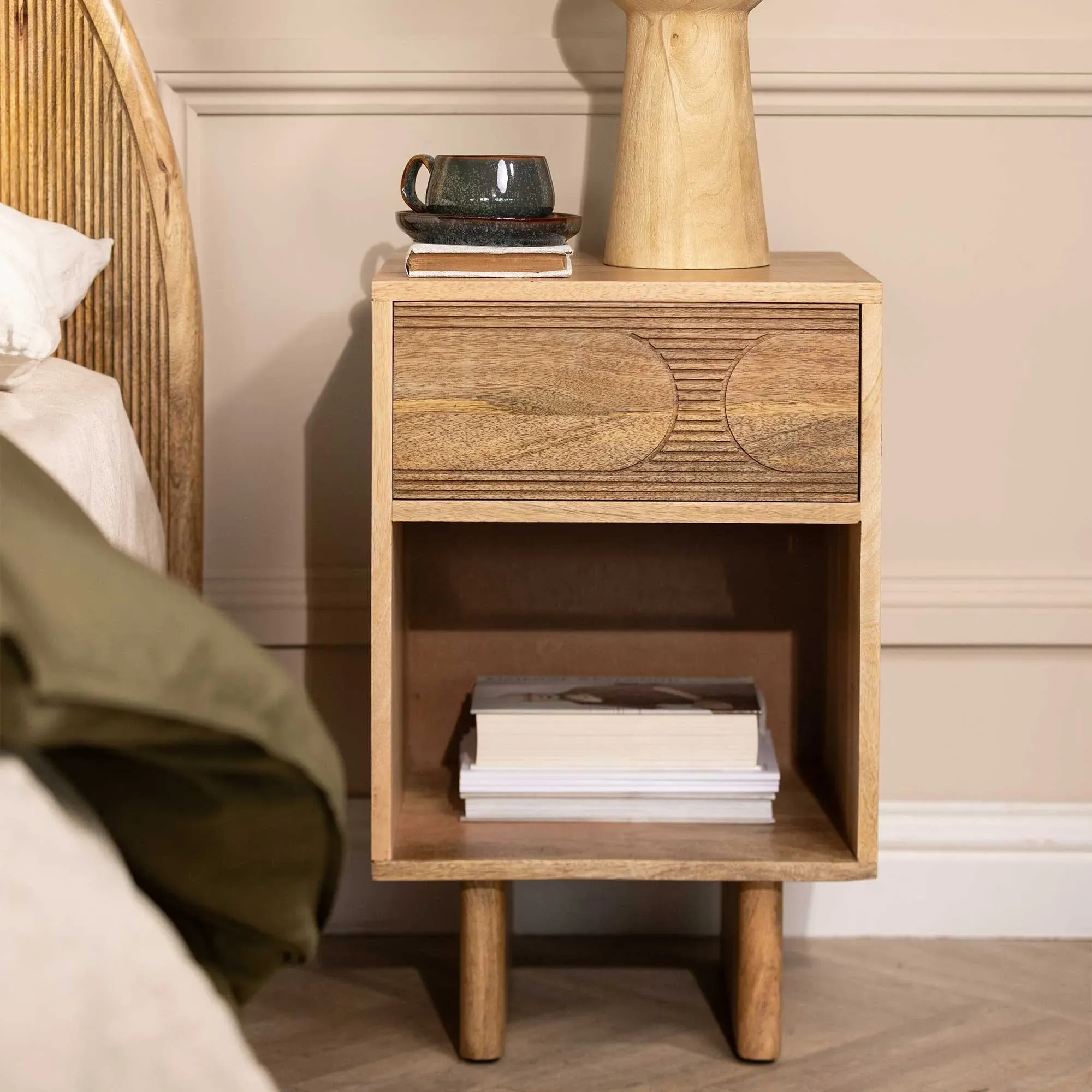Zuberi Bedside Table - Neutral, Mango Wood