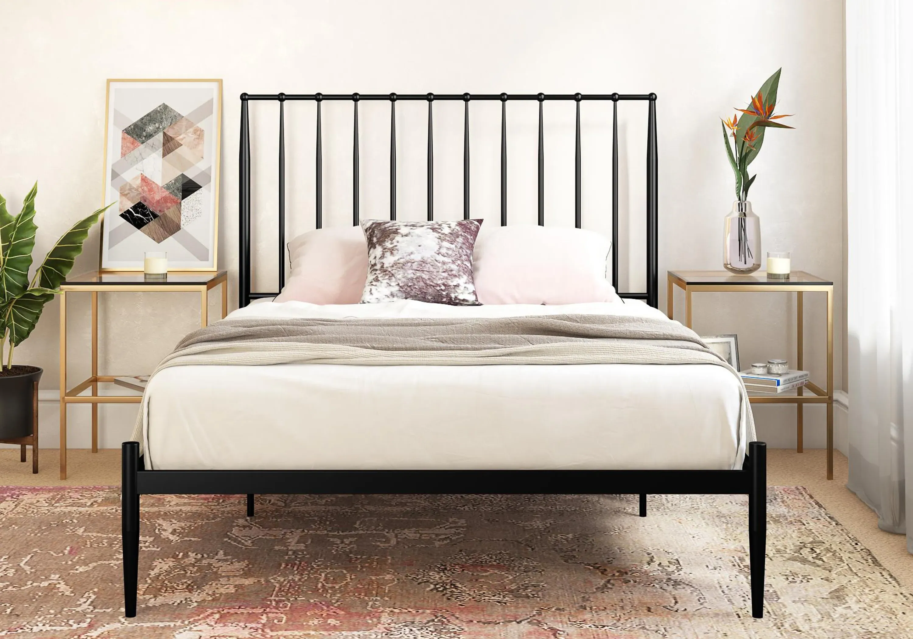 King Size Metal Bed with Finials - Black