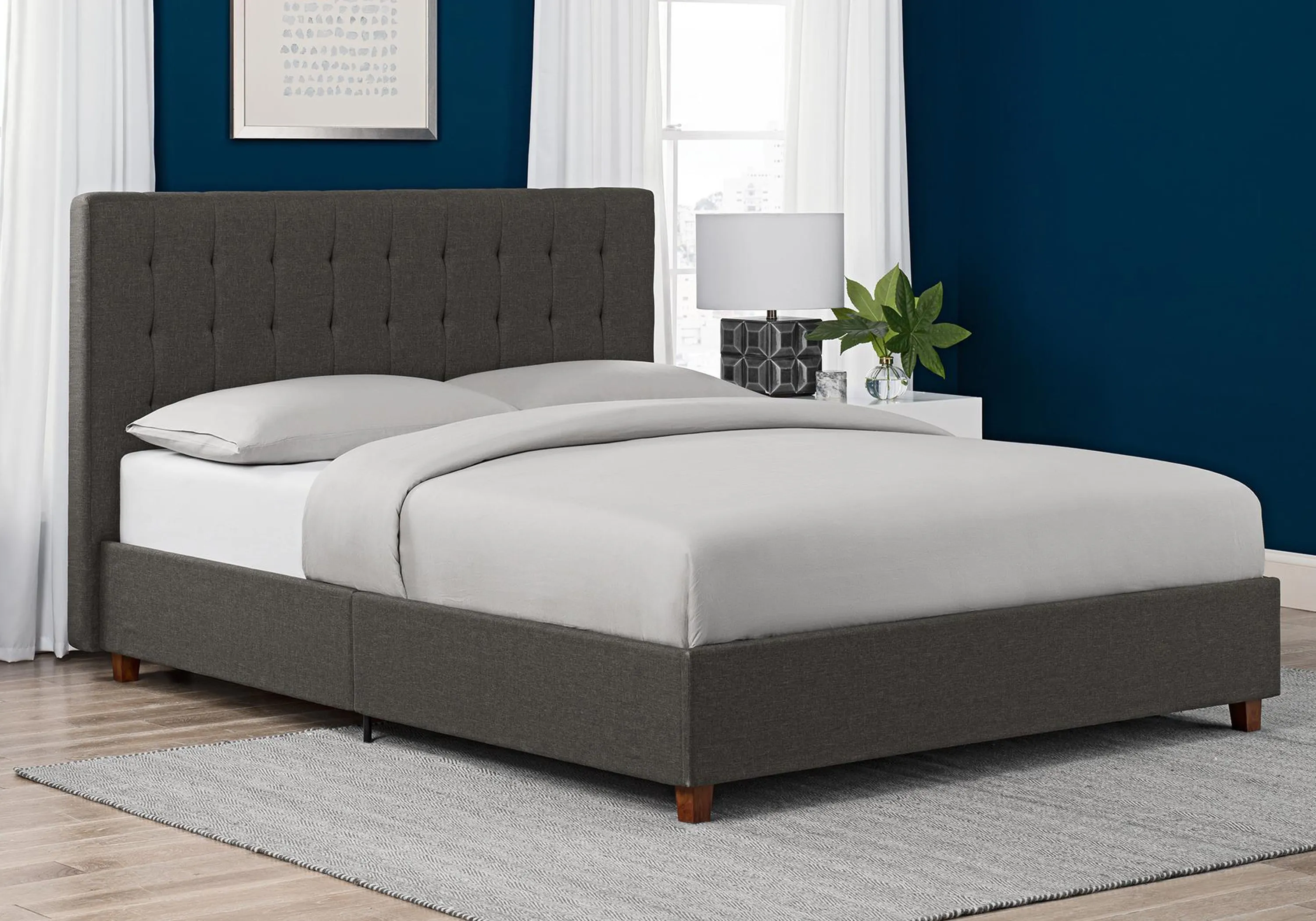 King Size Upholstered Bed with Tufting - Grey, Linen