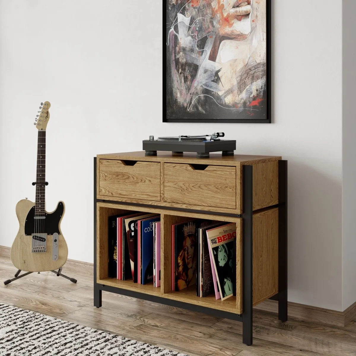 Large Turntable Stand with Drawers - Oak, Metal